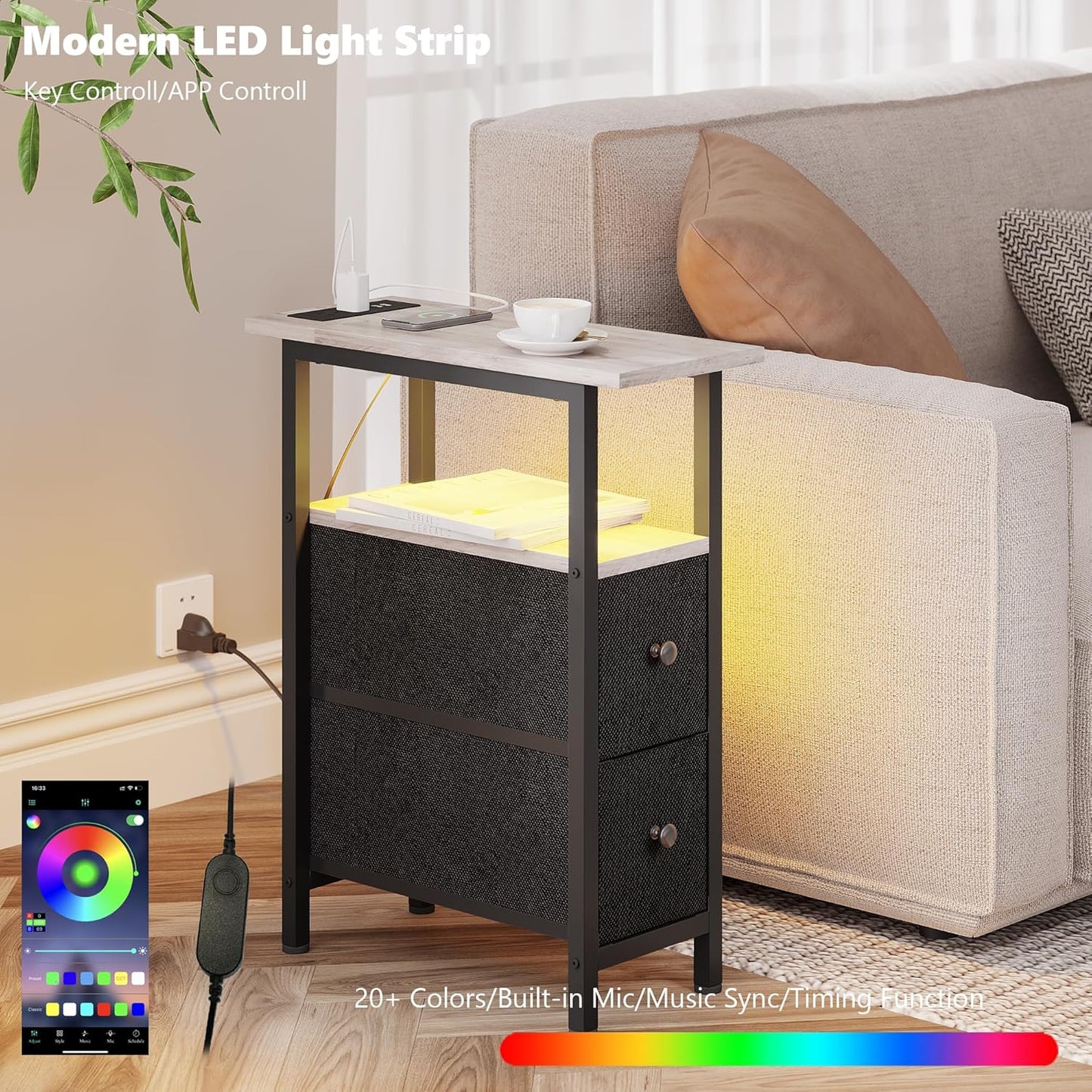 End Table with Charging Station, Narrow Side Table with 2 Fabric Drawers, Skinny Nightstand with LED Light, Slim Bedside Table for Bedroom, Living Room, Small Spaces, Greige and Black