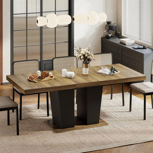 63"-78.7" Expandable Dining Table, 6-10 Rectangle Table, Extendable Console Table, Wooden Farmhouse Kitchen Table with Metal Track & Dual Column Base for Living, Office-Beige Brown