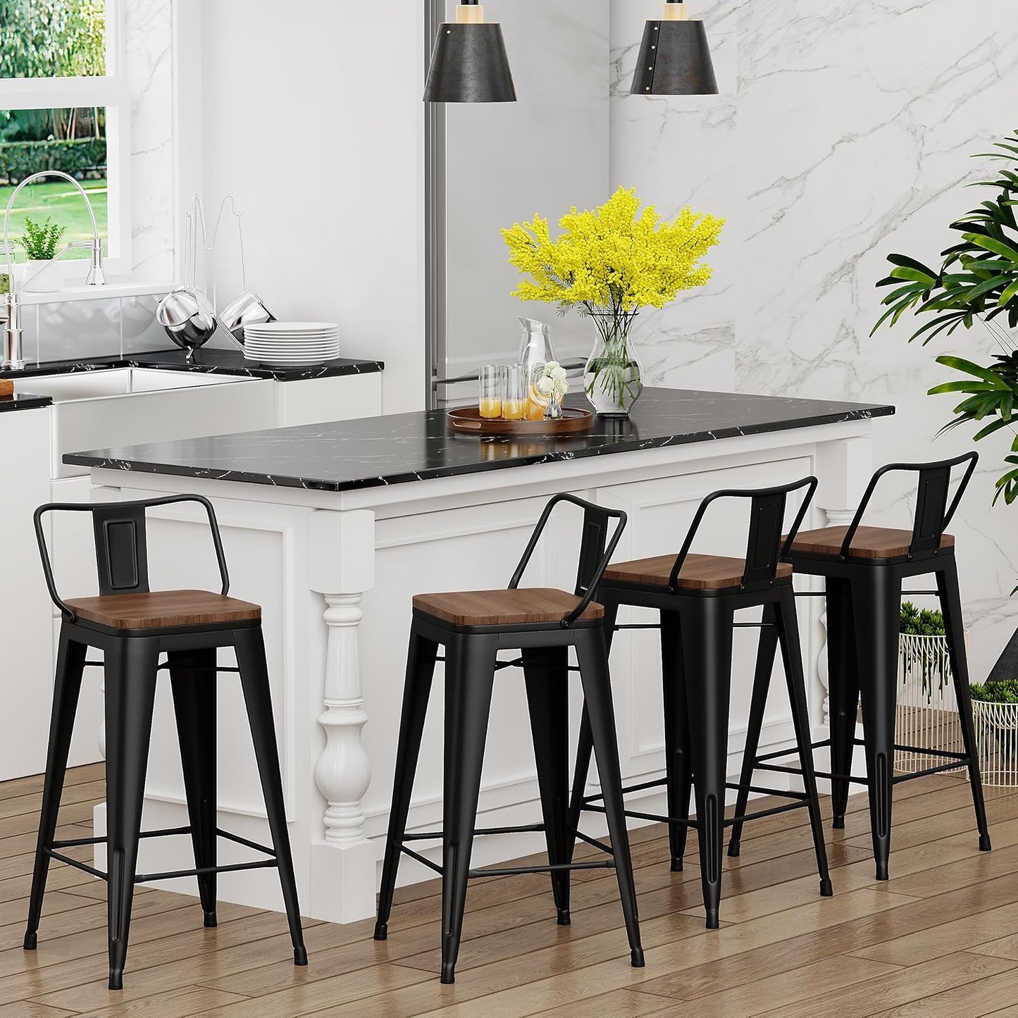 Yongchuang 24" Metal Barstools Set of 4 Counter Bar Stools with Wood Top Low Back Matte Black
