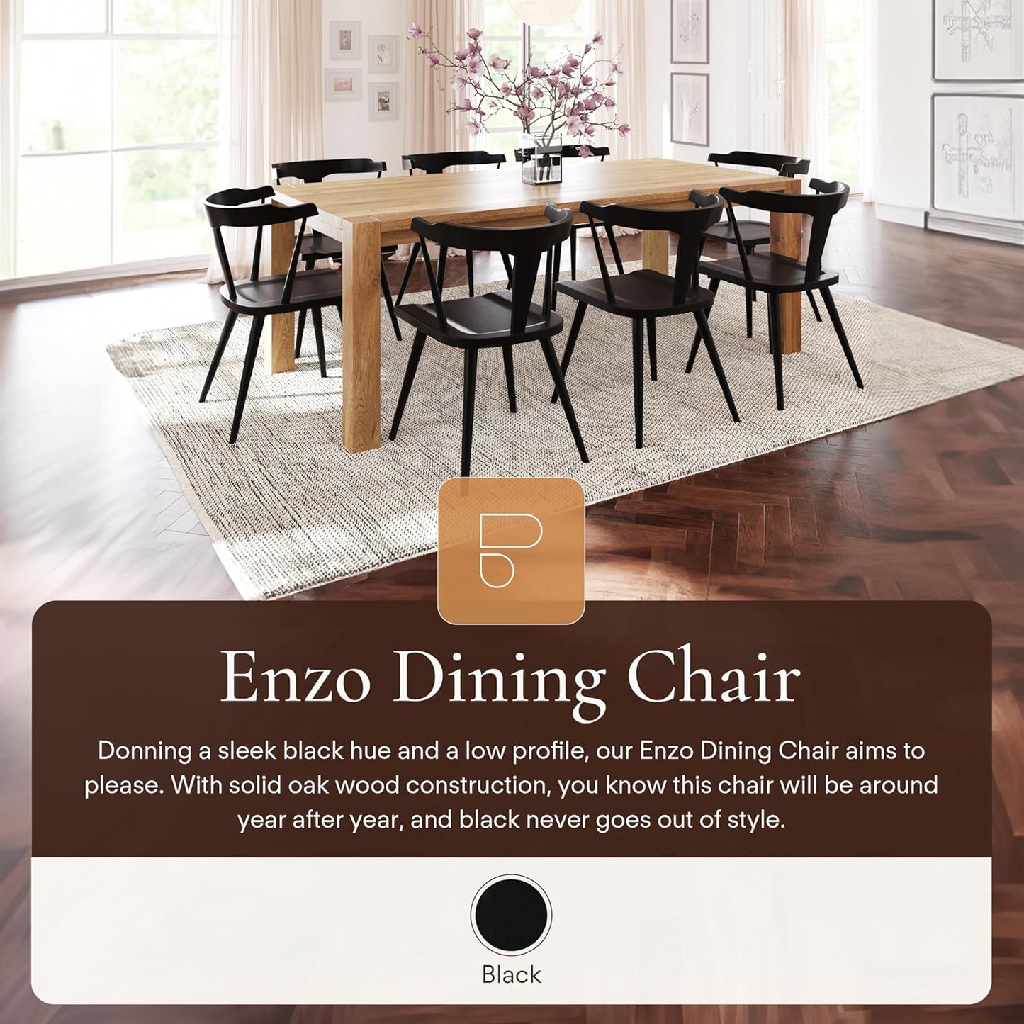 POLY & BARK Mid Century Modern Enzo Black Dining Chair – Solid Oak Wood Splat Back Chair, 18" Seat Height, 32" Tall – Stylish MCM Kitchen & Dining Room Chair - Set of 3