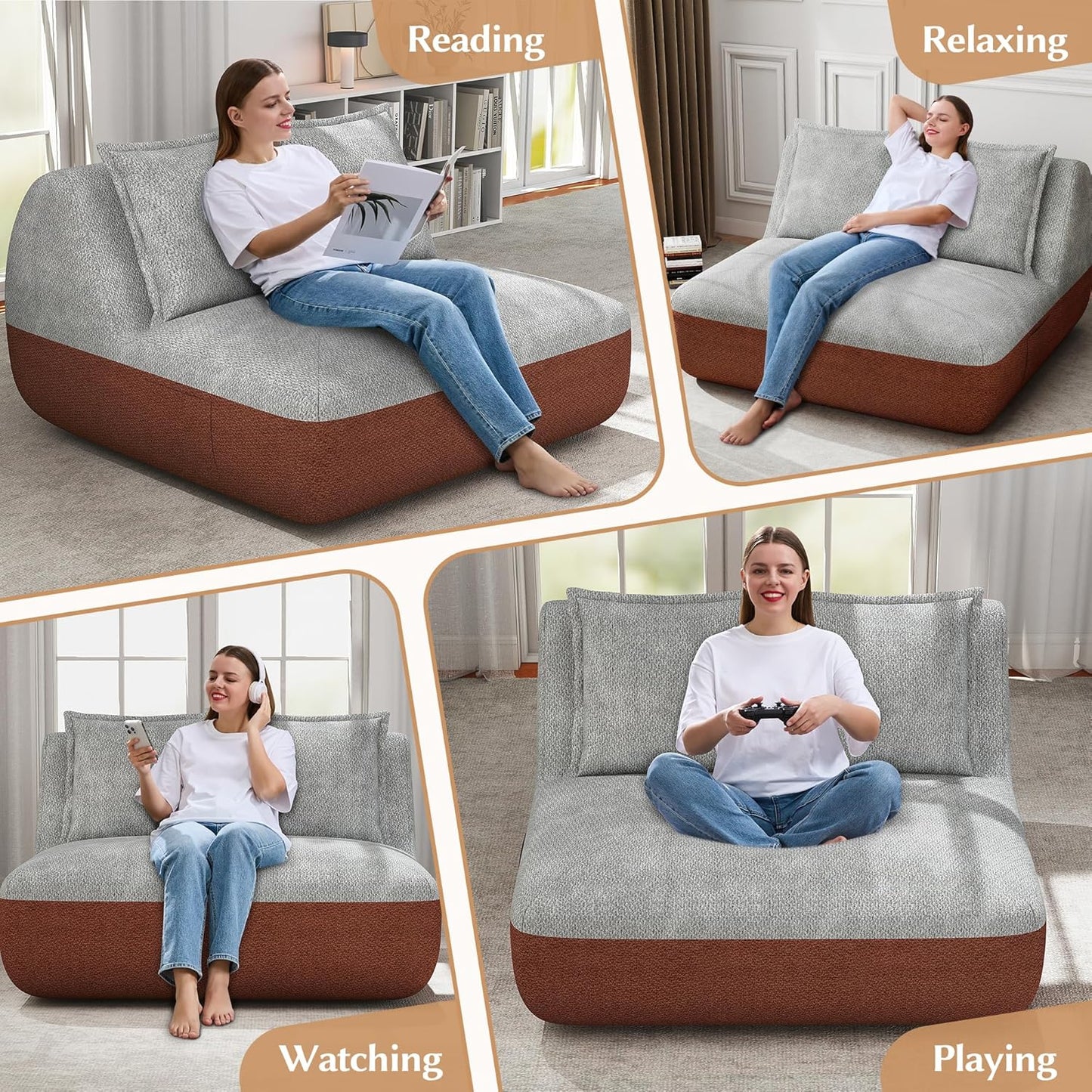 Hobestluk Small Sofa Couch Lounge Sofa Chair for Living Room, Comfy Memory Foam Couch, Mini Sofa with Side Pocket for Living Room, Bedroom (Terracotta+Light Grey)