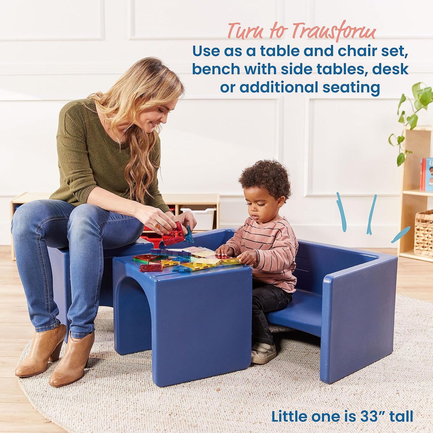 ECR4Kids Tri-Me Table and Cube Chair Set, Multipurpose Furniture, Navy, 3-Piece