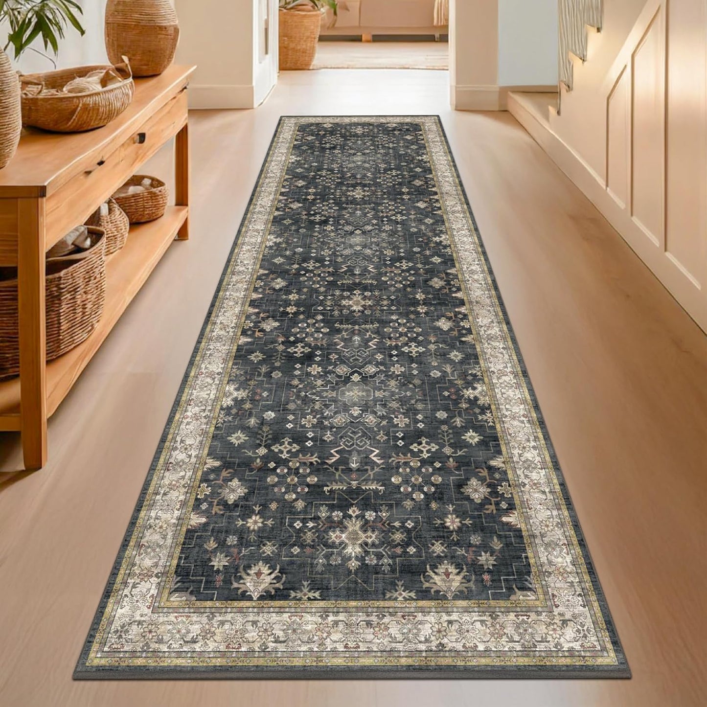 Black Washable 8ft Long Runners for Hallways, 3x8 Kitchen Runner Rug, Entryway Indoor Runner, Non Slip Boho Vintage Floor Décor for High Traffic Area