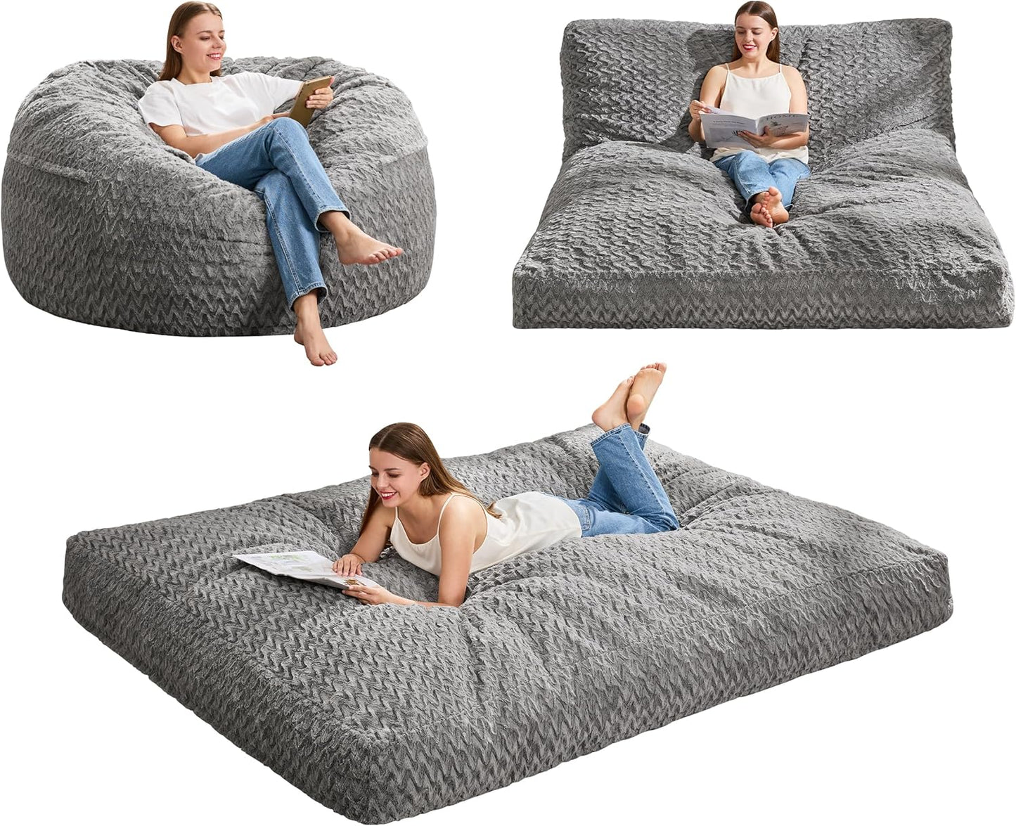 Hobestluk Bean Bag Chair Convertible Beanbag Chairs for Adults, 3 in 1 Bean Bags with Plush Chevron Cover, Adult Bean Bag Chair for Living Room, Bedroom (Grey, Queen)