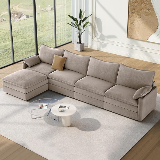 Vesgantti 142" Cloud Couch Sectional Modular Sofa, Comfy Sectional Couch with Ottoman Deep Seat Chenille L Shaped Sofa, Modular Couches for Living Room, Bedroom and Apartment, Light Brown