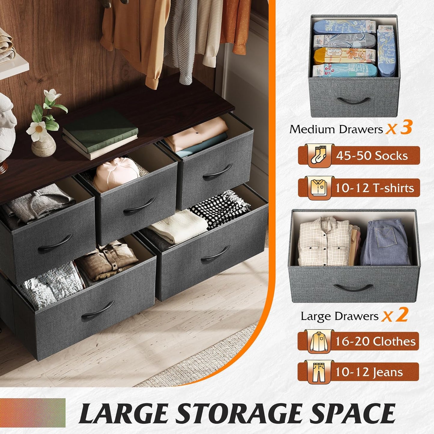 WLIVE Dresser for Bedroom with 5 Drawers, Wide Chest of Drawers, Fabric Dresser, Storage Organizer Unit with Fabric Bins for Closet, Living Room, Hallway, Dark Grey