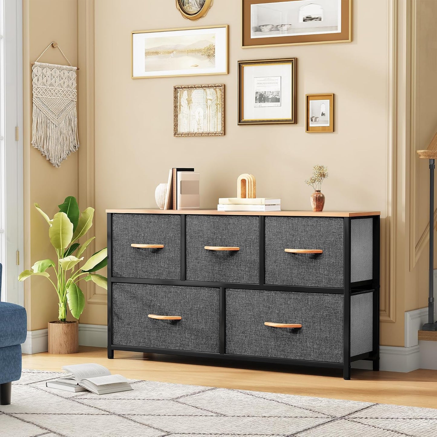 DWVO Dresser for Room with 5 Drawers - Fabric Storage Tower, Long Fabric Dresser, Organizer Unit for Closet, Hallway