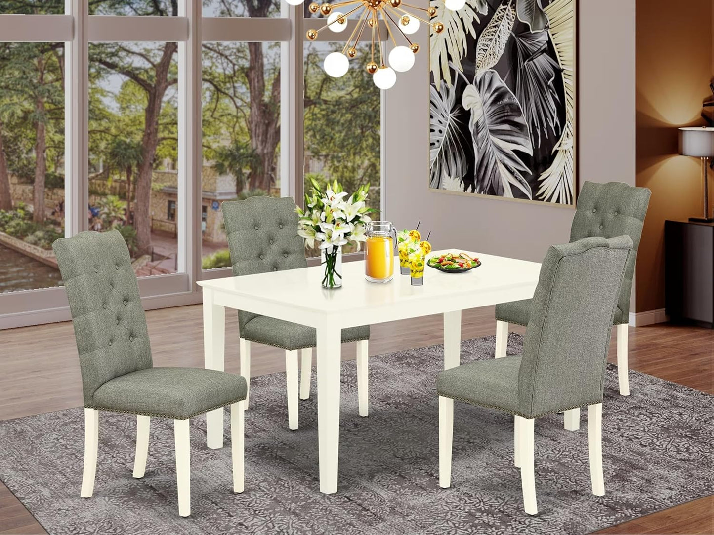 East West Furniture CAEL5-LWH-07 5 Piece Dining Table Set for 4 Includes a Rectangle Kitchen Table and 4 Gray Linen Fabric Upholstered Parson Chairs, 36x60 Inch, Linen White