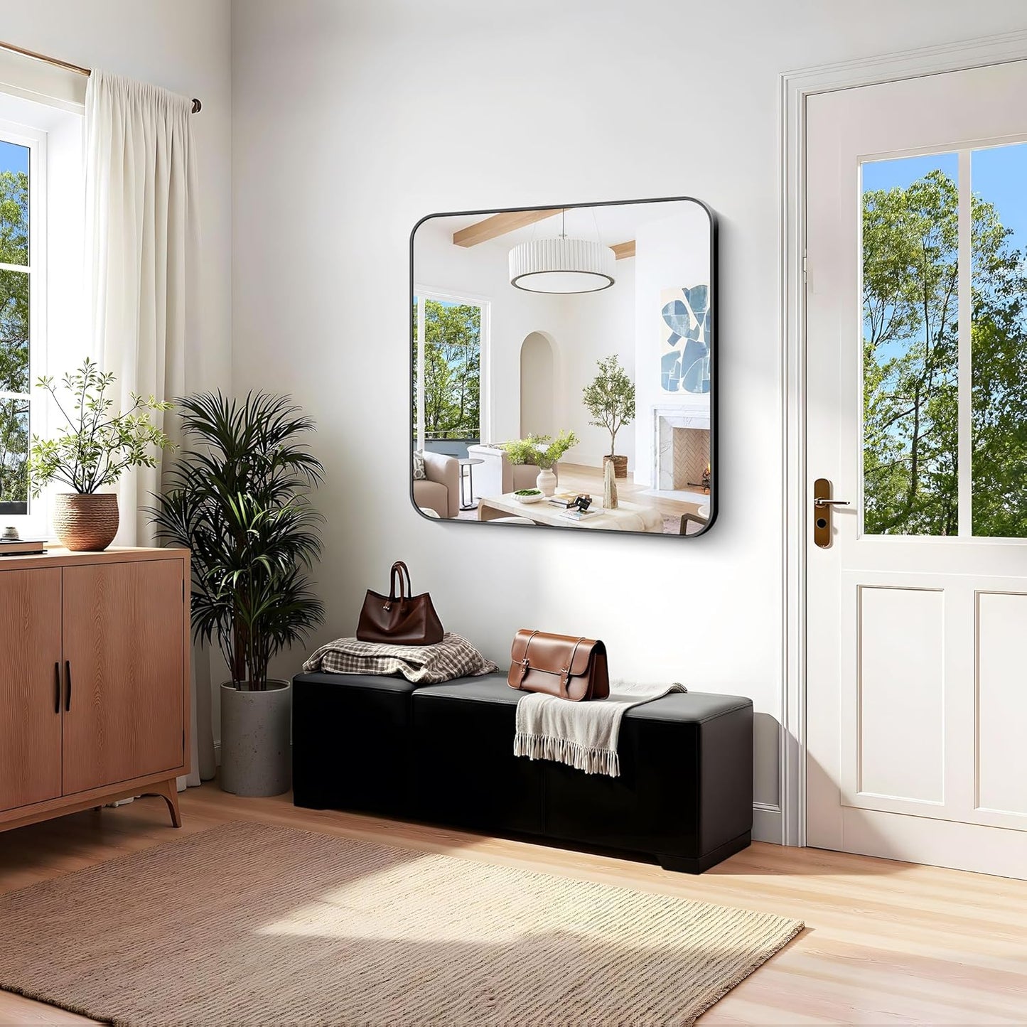 KOCUUY Black Bathroom Mirror 40"x40", Large Square Vanity Mirror with Rounded Corner, Metal Black Frame with Mordern Design for Bathroom, Living Room, Entryway, Hang Horizontal/Vertical