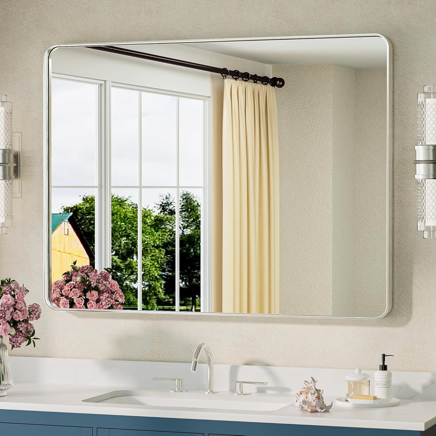 TETOTE Brushed Nickel Bathroom Mirror 40 x 30 Inch Brushed Nickel Metal Framed Bathroom Mirror, Tempered Glass, Modern Farmhouse Wall Mounted Mirror for Decorative(Horizontal/Vertical)