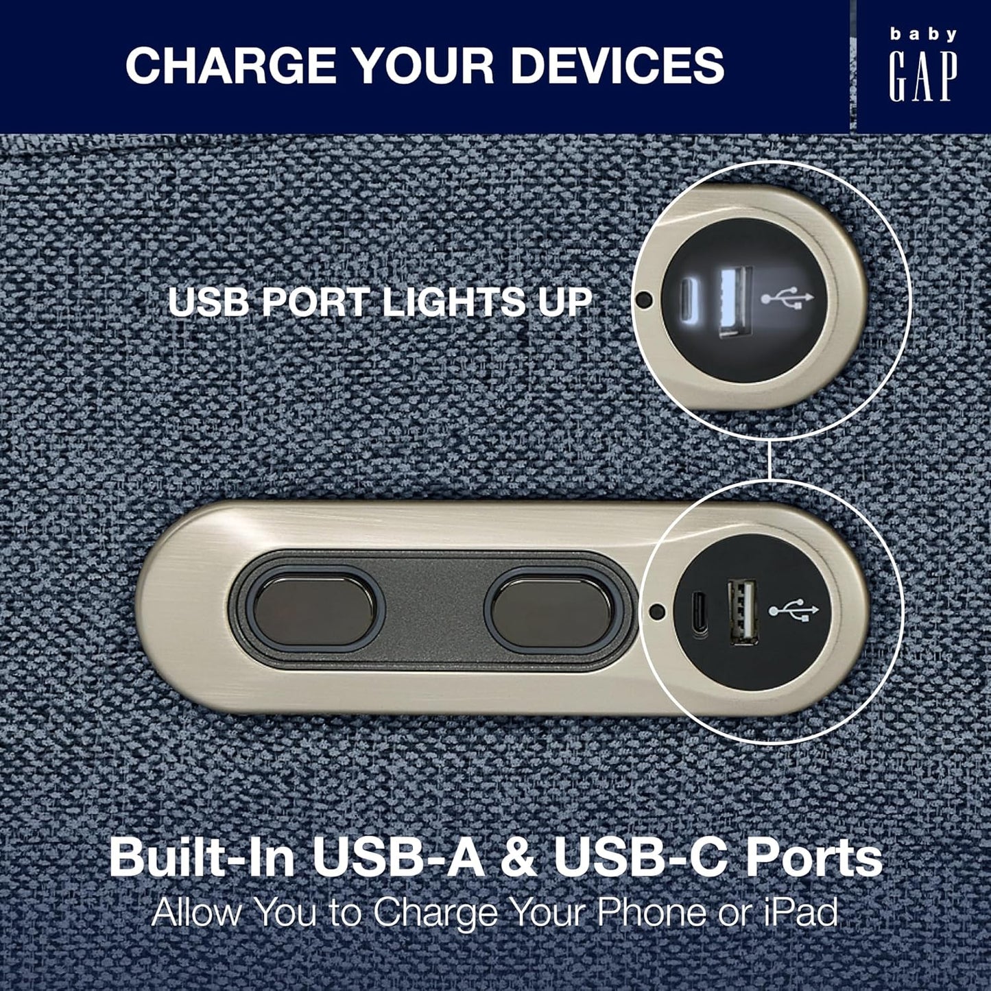 Delta Children babyGap Harlowe Power Recliner with USB-A and Type-C Ports Greenguard Gold Certified – Stain-Resistant Performance Fabric is Oeko-TEX Standard 100 Certified, Slate