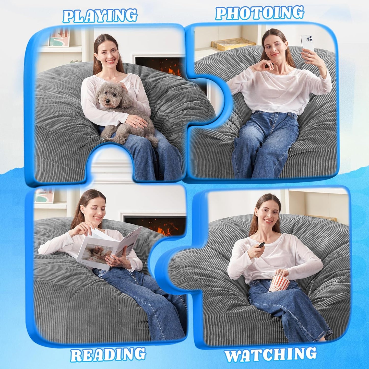 HABUTWAY 4FT Bean Bag Chair,Giant Bean Bag Chairs for Adults,Big Bean Bags with Memory Foam Filled, Large Beanbag Chairs with Soft Corduroy Cover-Grey