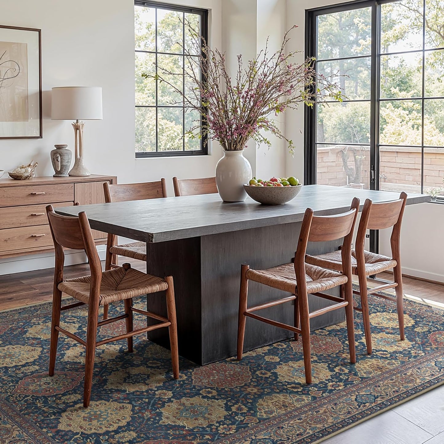 8X10 Area Rugs Machine Washable Rugs for Living Room, Vintage Boho Large Rugs for Bedroom Dining Room, Non Slip Indoor Soft Distressed Lightweight Thin Low Pile Carpet, Navy Tan