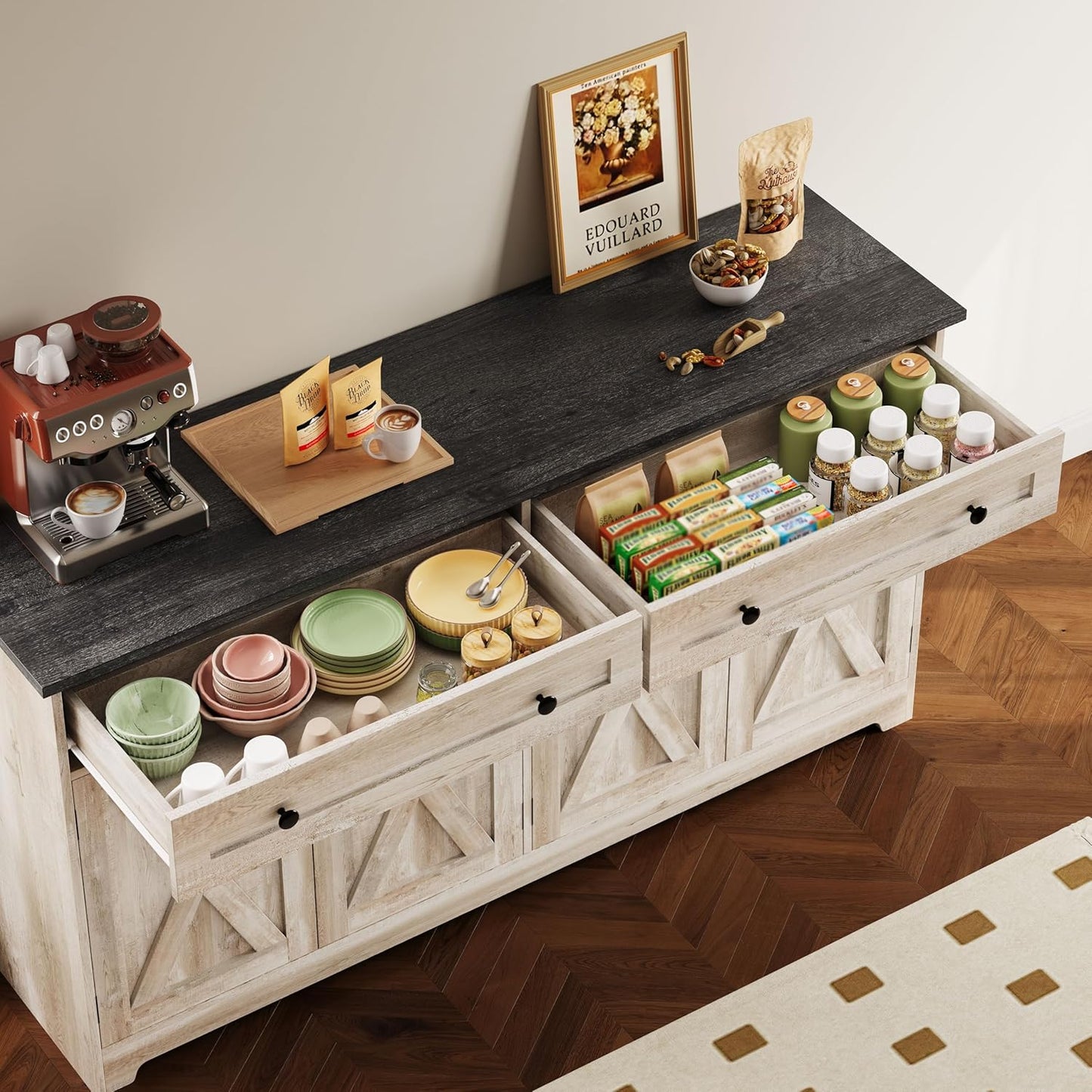 IRONCK Buffet Cabinet with Storage, Sideboard Storage Cabinet, Kitchen Cabinet with Drawers and Doors, Charcoal Grey and Beige Maple