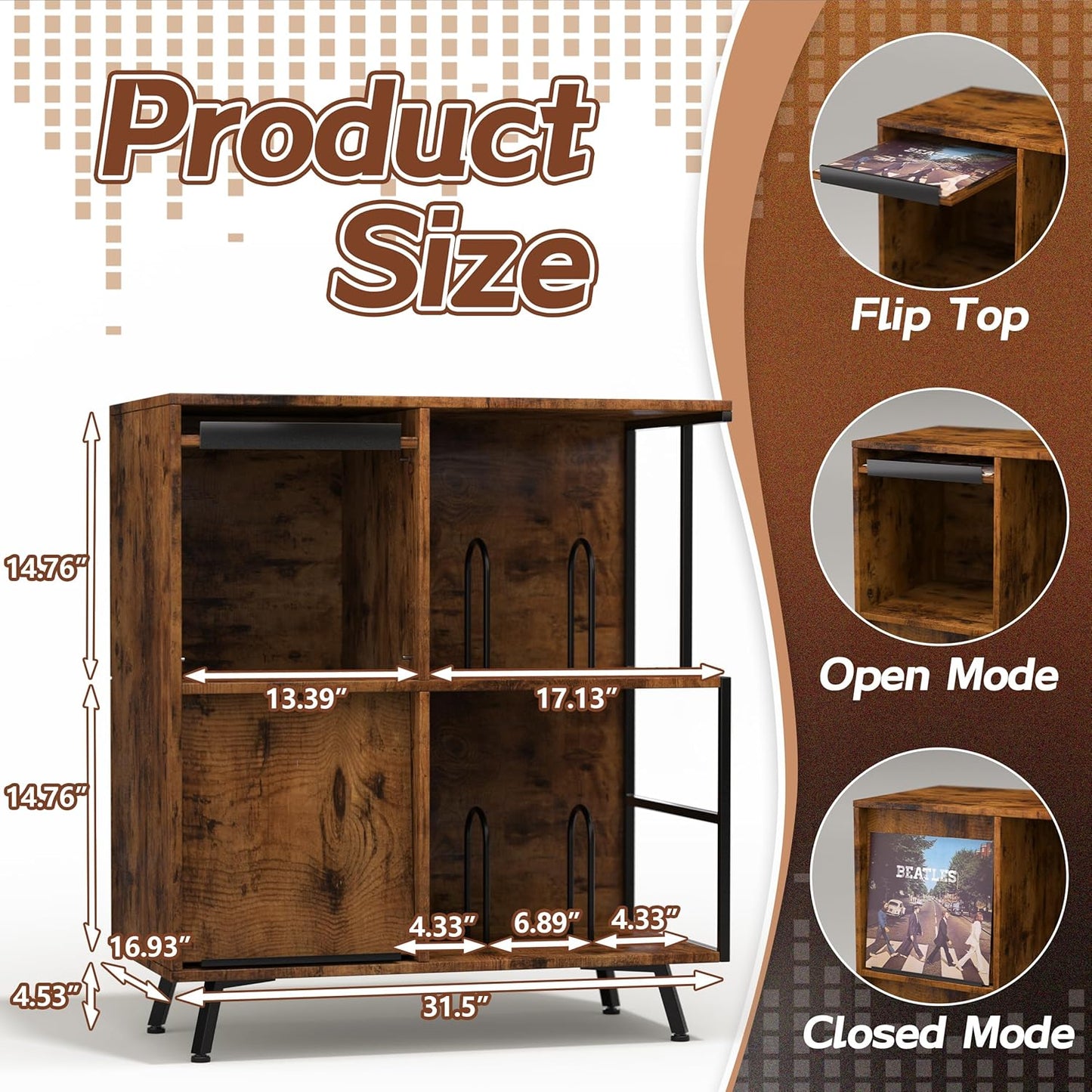 3 Tier Record Player Stand, Flip Top Record Player Cabinet, Mid Century Record Player Table with Shelves Holds up to 300+ Albums, Vinyl Record Storage with 4 U-Dividers for Living Room Bedroom, Brown