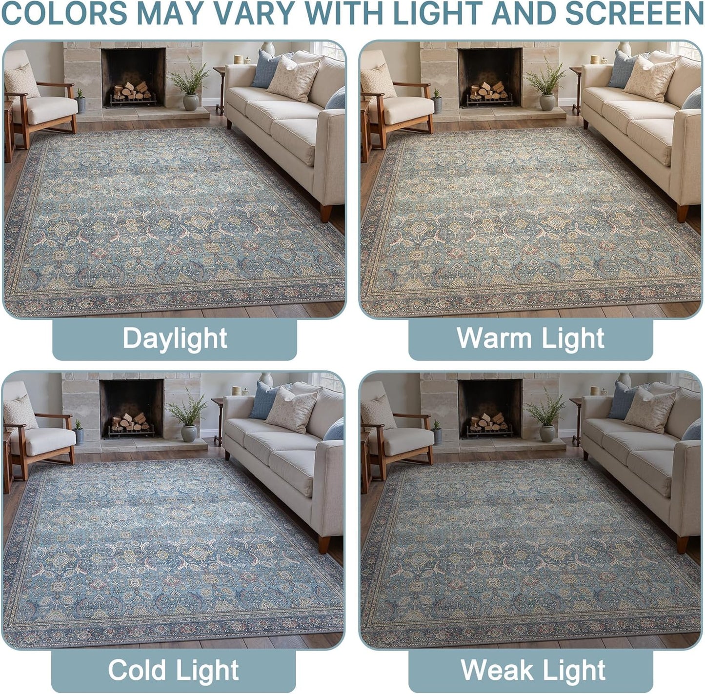 9X12 Area Rugs Machine Washable Rugs for Living Room, Vintage Boho Large Rugs for Bedroom Dining Room, Non Slip Indoor Soft Distressed Lightweight Thin Low Pile Carpet, Vintage Blue