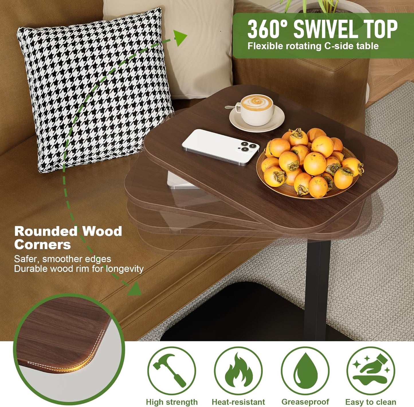 C Shaped End Table for Couch, Adjustable Height Couch Side Table, Horizontal 360°Swivel Small TV Tray Table Couch Side Tables That Slide Under (Walnut)