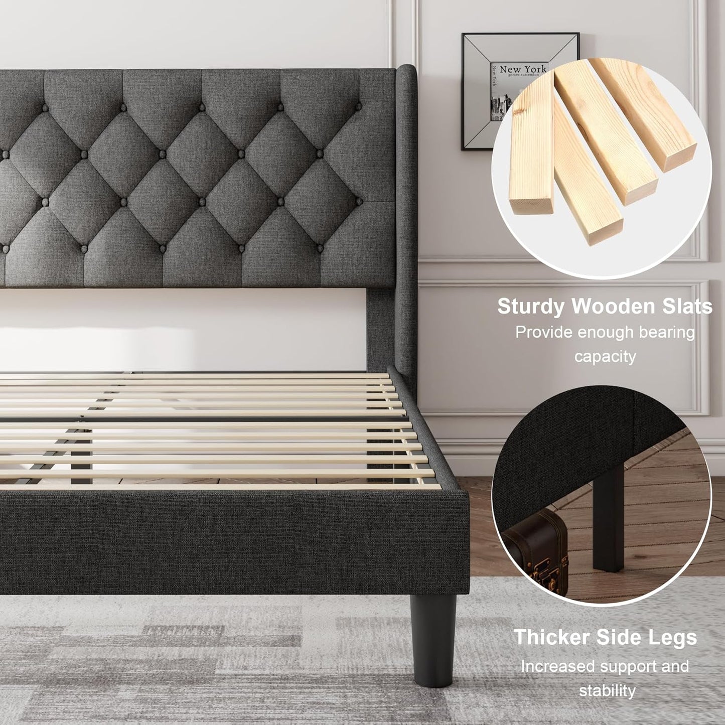 Feonase Queen Size Bed Frame with Diamond Tufted Wingback Headboard, Morden Upholstered Platform Bed, Sturdy Wooden Slats Support, Noise-Free, No Box Spring Needed, Easy Assembly, Dark Gray