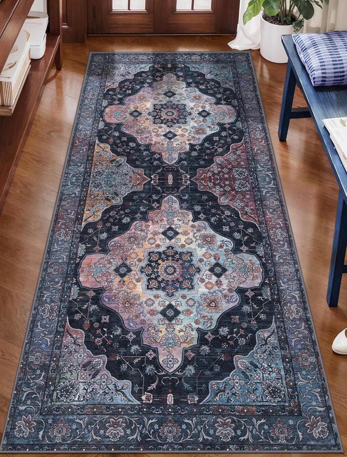 Tangsoo 2x5 Washable Runner Rug for Hallways, Non Slip Vintage Runner, Soft Low Pile Long Rug Runner, Print Distressed Navy/Mlulti Carpet Runners for Kitchen Bedroom Entryway Bathroom Living Room