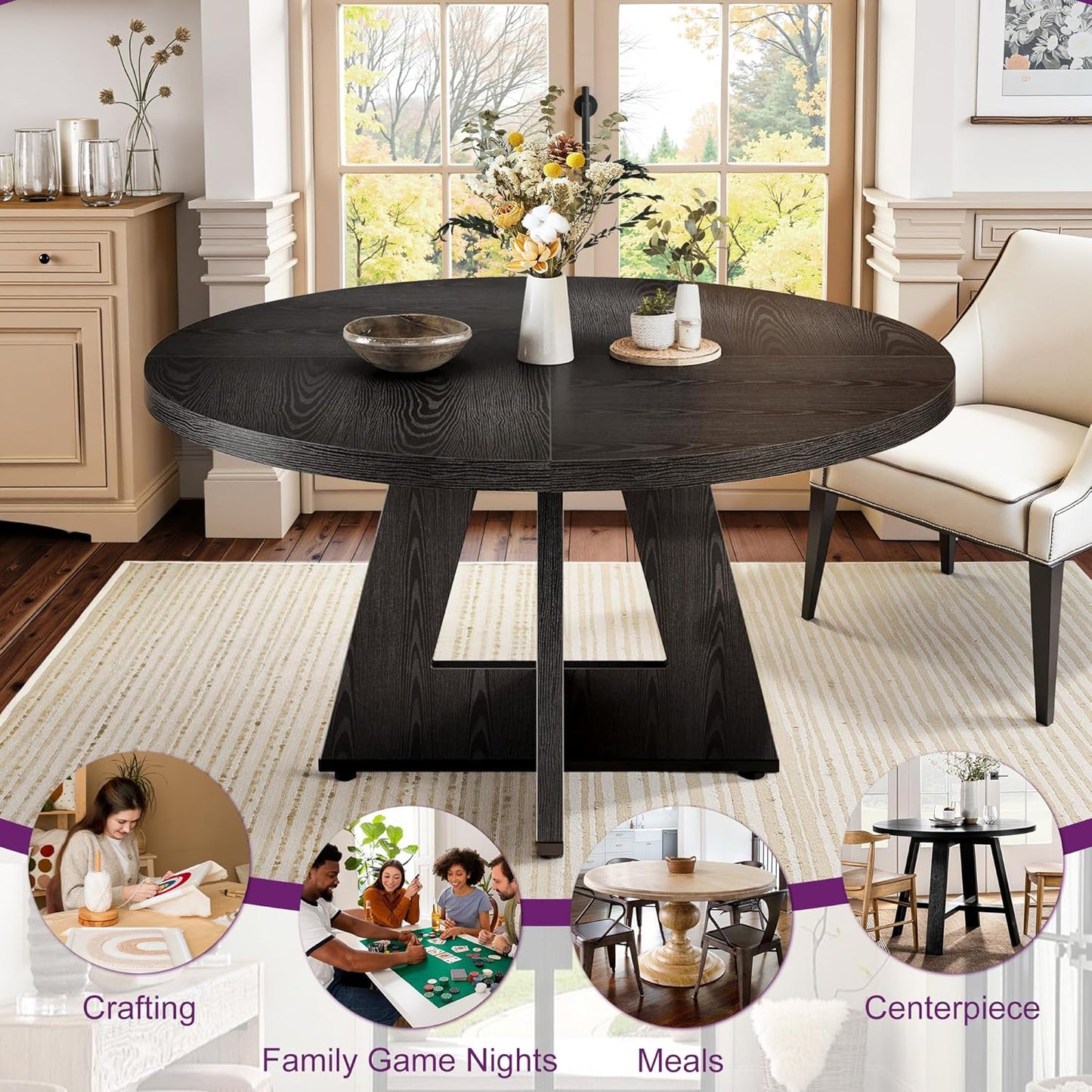 Round Dining Table for 4, 47" Wooden Kitchen Dinner Table Rustic, Farmhouse Table for Dining Room, Living Room, Black