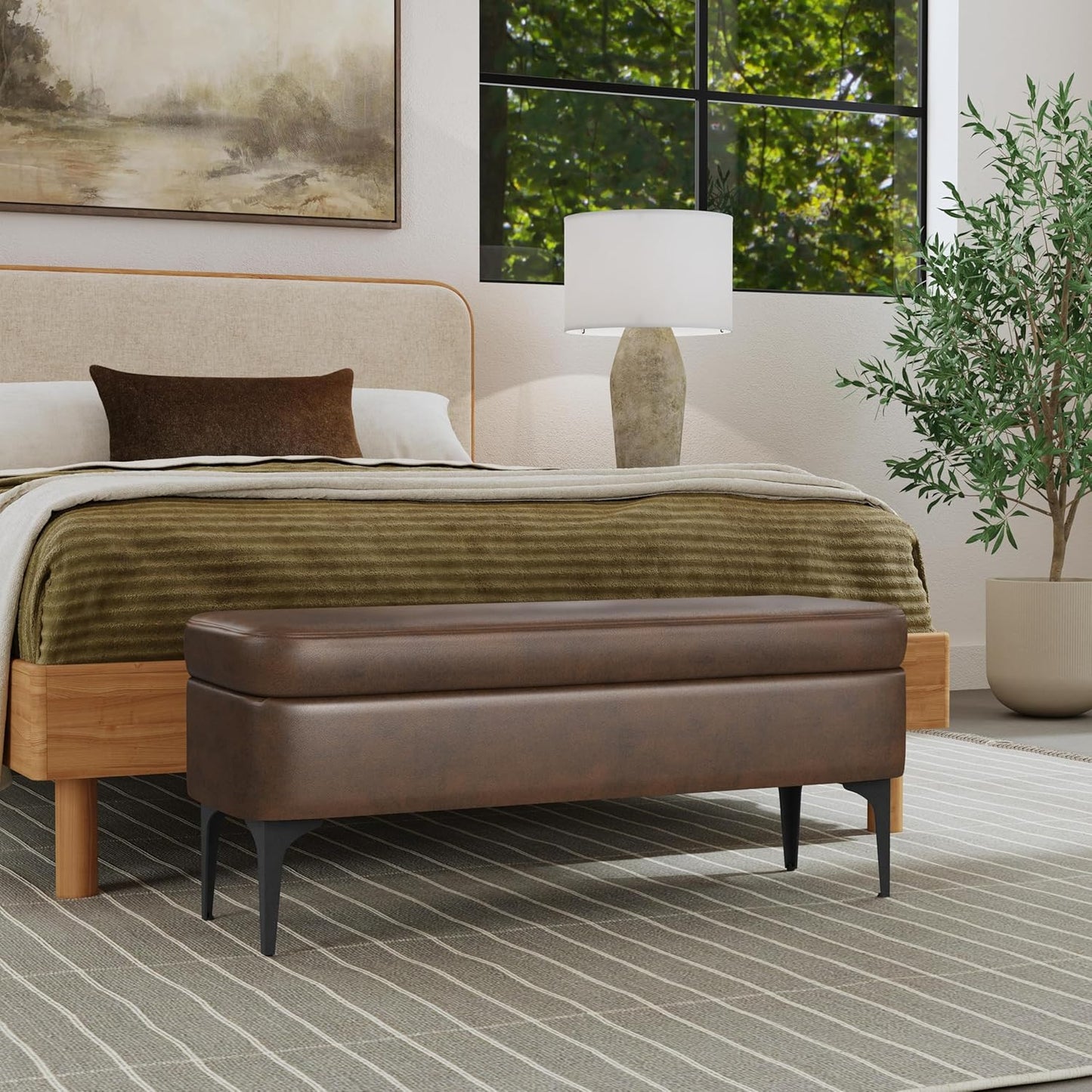 HomePop Upholstered Storage Bench with Metal Leg Home Décor|Bench with Storage for Living Room & Entryway - Brown Faux Leather