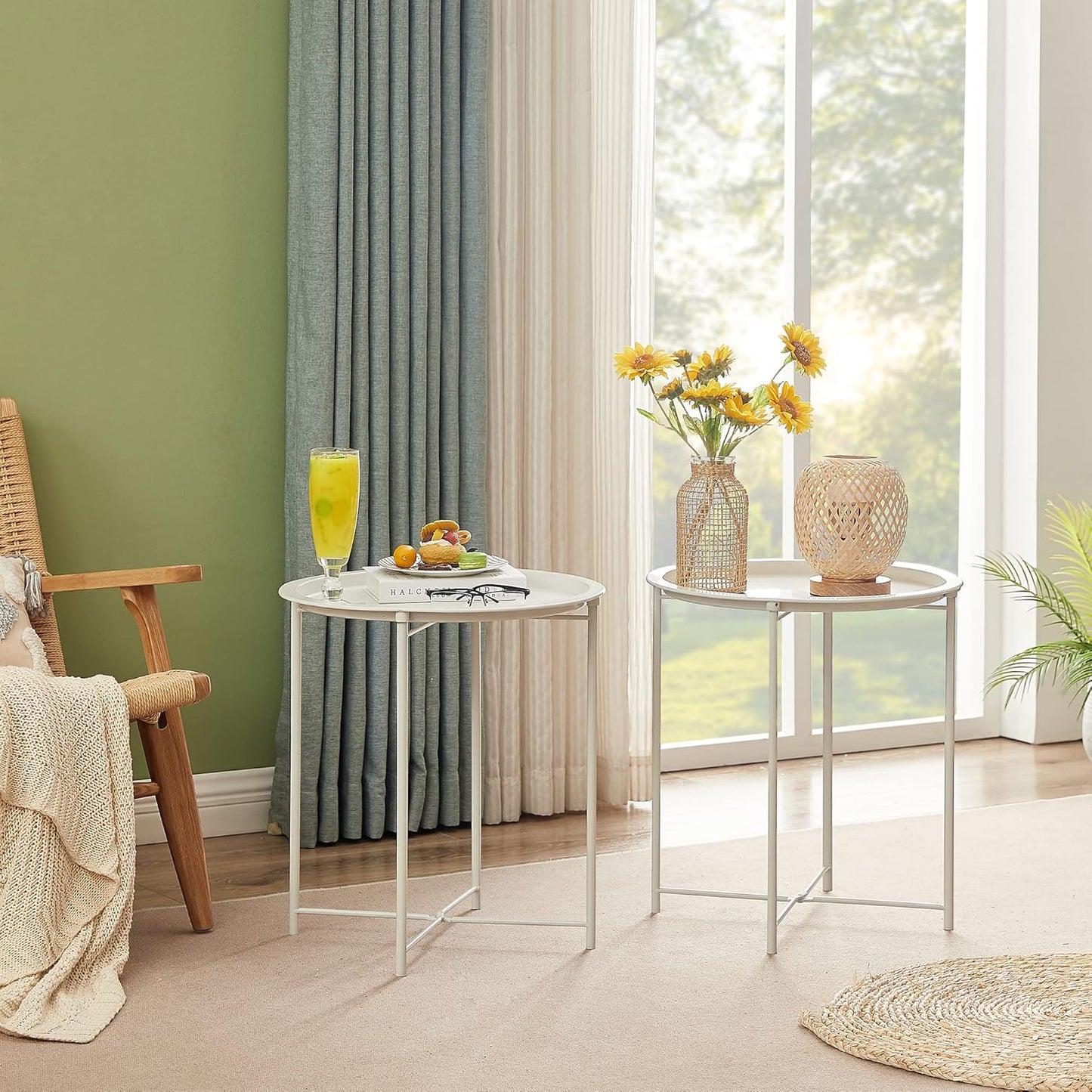 VECELO Side/End Table, Folding Round Metal Anti-Rust and Waterproof Outdoor or Indoor Tray for Living Room Bedroom Balcony and Office, 1 PCS, Beige