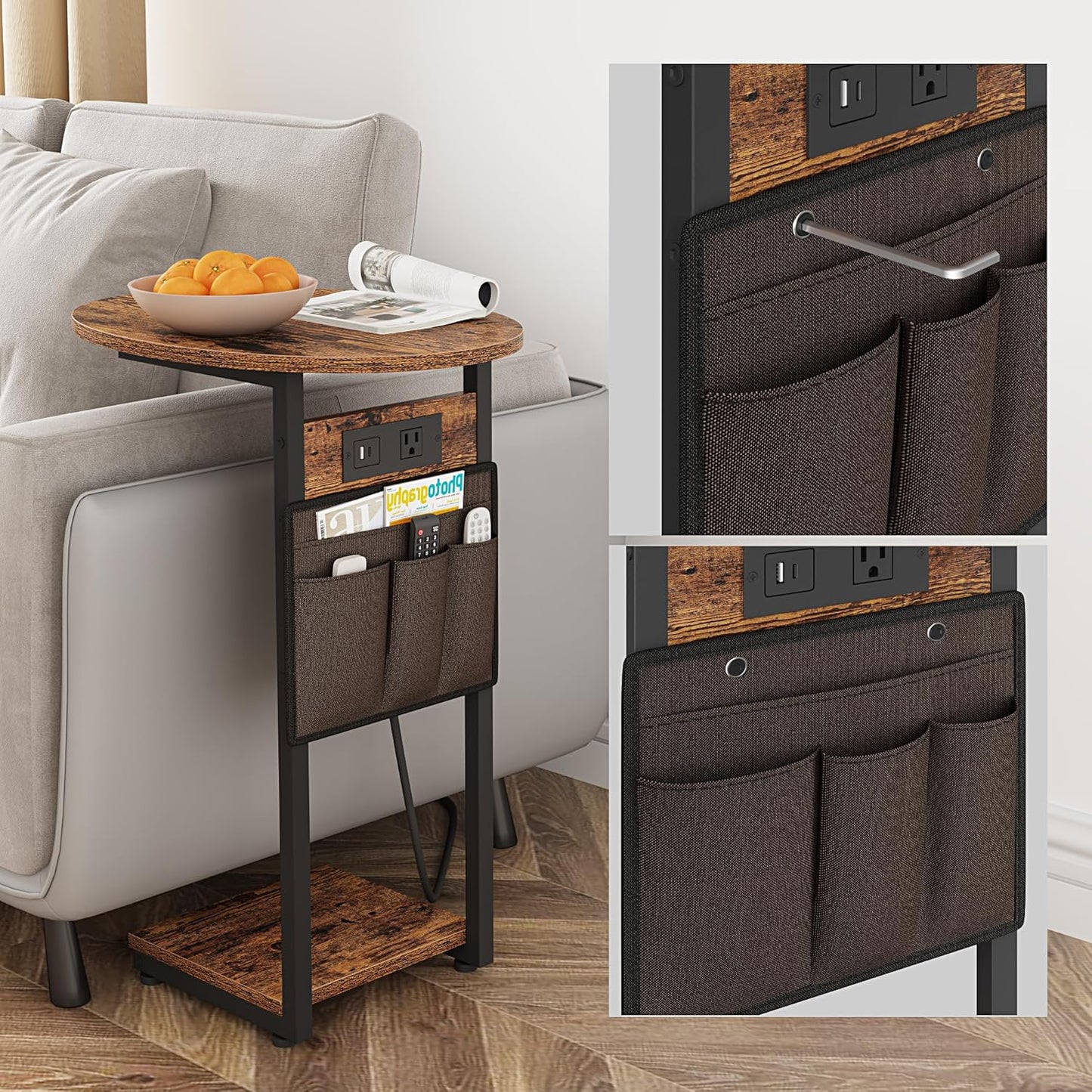 Vagusicc C Shaped End Table with Charging Station, Small Side Table for Couch, TV Tray Table Slide Under Sofa Table for Living Room Bedroom, Round Couch Side Table C Table for Sofa, Rustic Brown