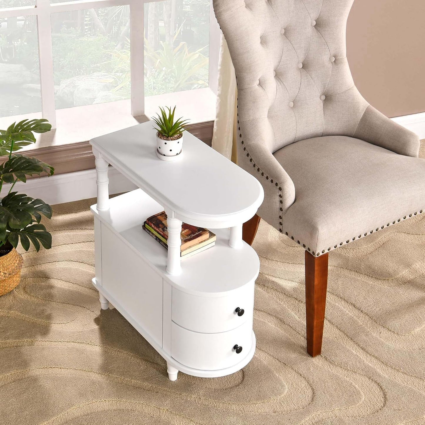 2 Set of Wood End Table with 2 Drawers and Storage Shelf, Narrow Sofa Side Table for Living Room, Vintage Slim Nightstand Bedside Table for Bedroom, Slim Chair Side Table White BGA508WT