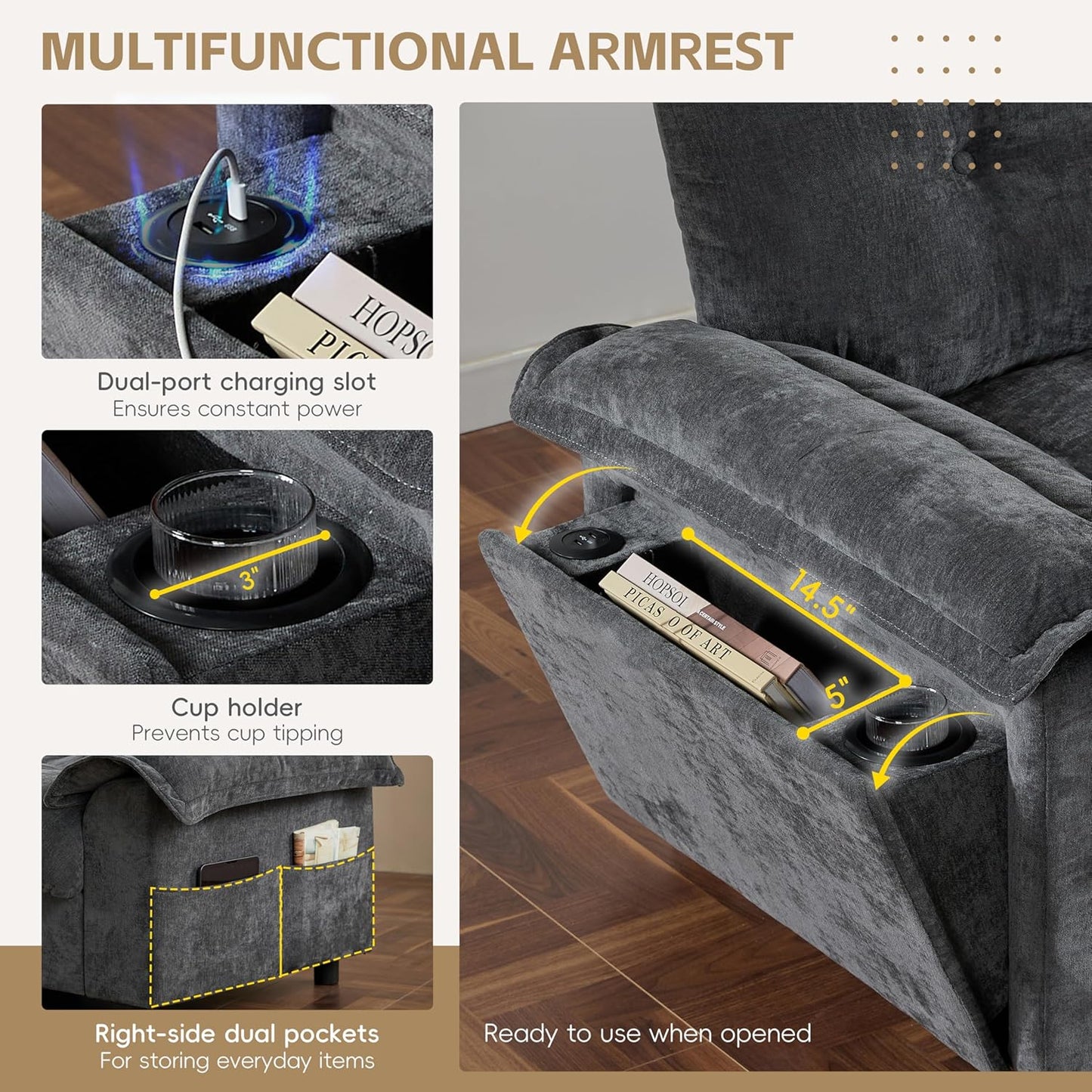 Mreax L-Shape Sectional Sofa with Movable Storage Ottoman and Multifunctional Armrest, 4 Seater Oversized Chenille Upholstered Cloud Couch for Living Room, Apartment, Unique Tufted Design, Dark Gray