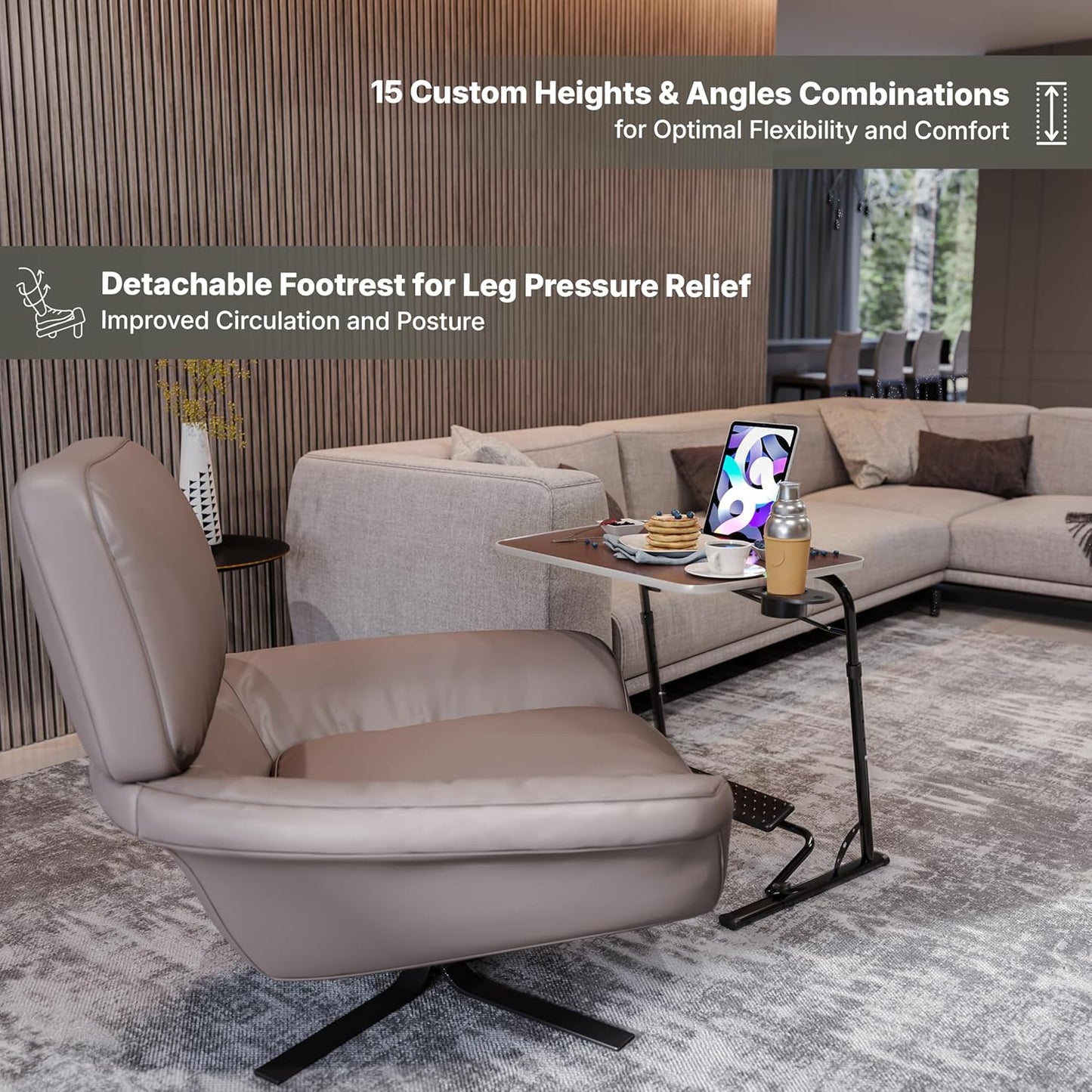 FoldWise Upgraded Folding TV Tray Table - Extra Large & Sturdy Laptop Table for Couch, Height & Angle Adjustable Desk for Dinner, Work & TV - Includes Footrest, Cup Holder, iPad Holder & Edge Stopper