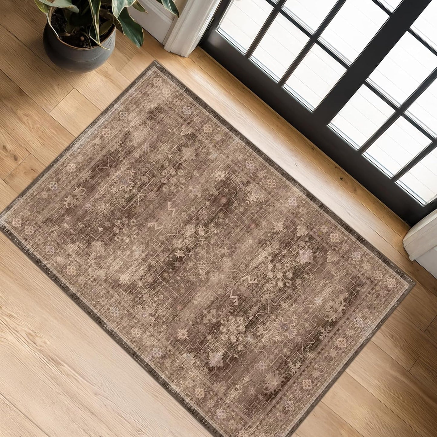 Boho Taupe Brown 2x3 Entryway Rug - Modern Vintage Traditional Eclectic Oriental Neutral, Washable Low Pile Non-Slip Small Throw Area Rugs for Door Mat Indoor Entrance, Kitchen, Bathroom