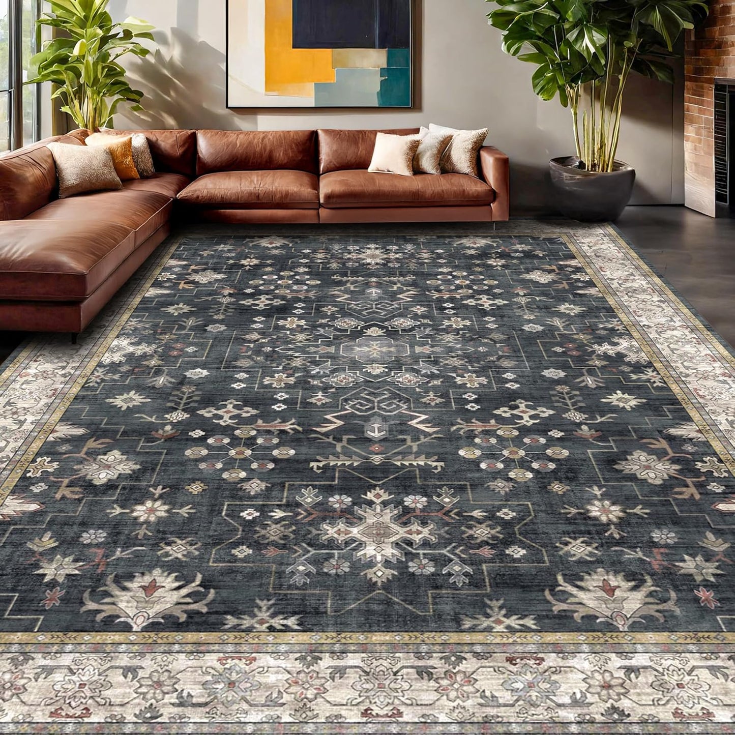 Boho Black Rug for Living Room - Washable 10x14 Area Rug, Dining Room Rugs for Under Table, Soft Low Pile Carpet for Large Bedroom - Farmhouse Decor, Non-Slip & Stain Resistance (10x14 Black/Multi)