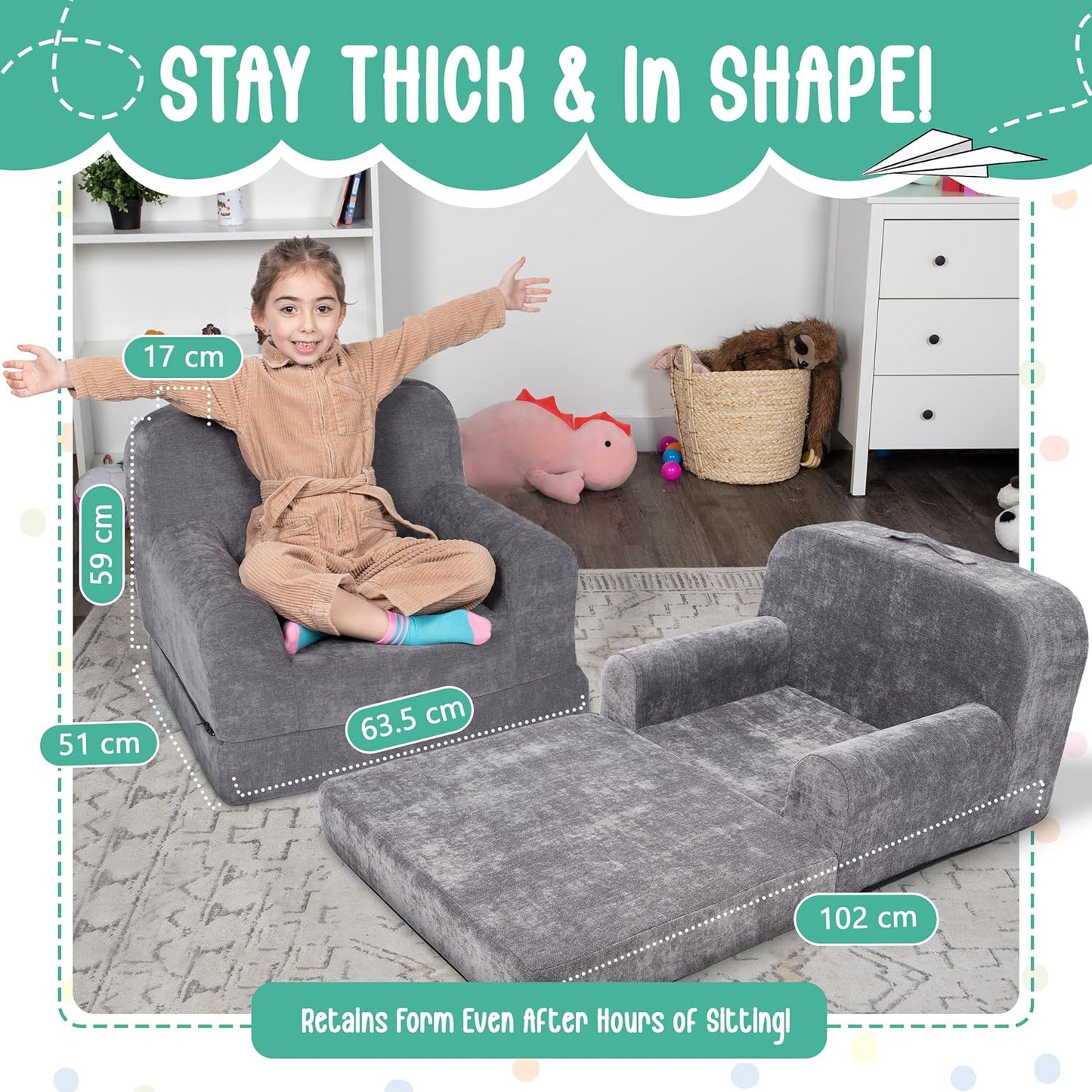 ParkaLounger Children's Sofa 2-in-1 Convertible Chair & Sleeper - Durable Foam Keeps Its Shape - Lightweight, Portable with Handle - Soft, Sturdy & Cozy Seat for Lounging & Play, Gray, Medium