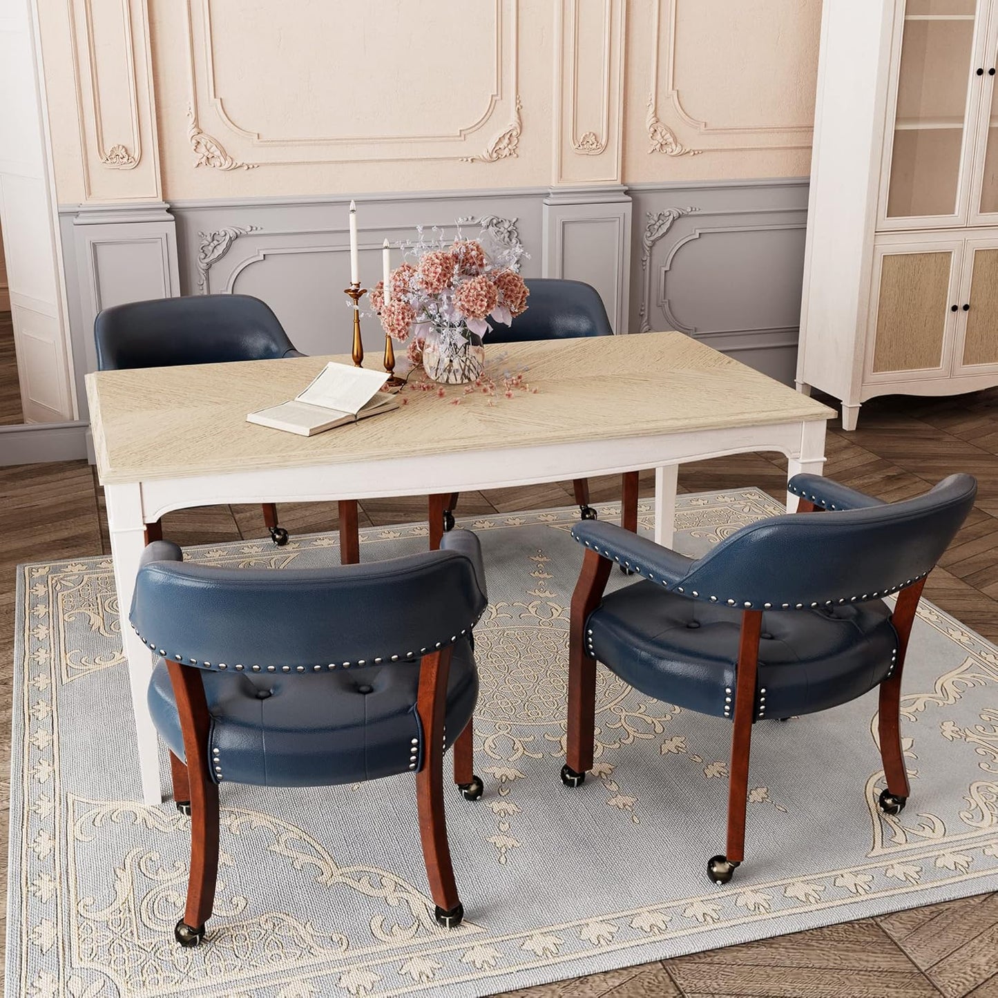 LEEMTORIG Large Dining Chairs with Casters and Arms, Rolling Dining Chairs with Wheels, Solid Wood Boss Caption's Chairs Office Desk Chairs, 26"D x 25.2"W x 31.5"H, Cherry Legs & Blue PU SY-1533-LB