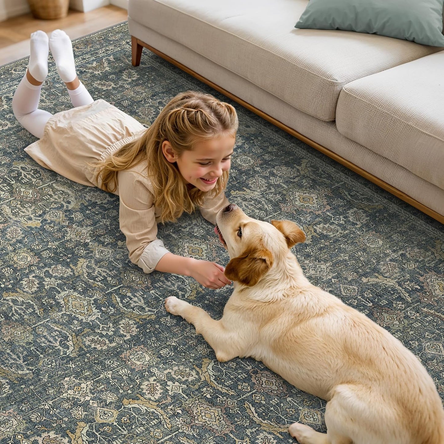 6X9 Area Rugs Machine Washable Rugs for Living Room, Vintage Boho Large Rugs for Bedroom Dining Room, Non Slip Indoor Soft Distressed Lightweight Thin Low Pile Carpet, Deep