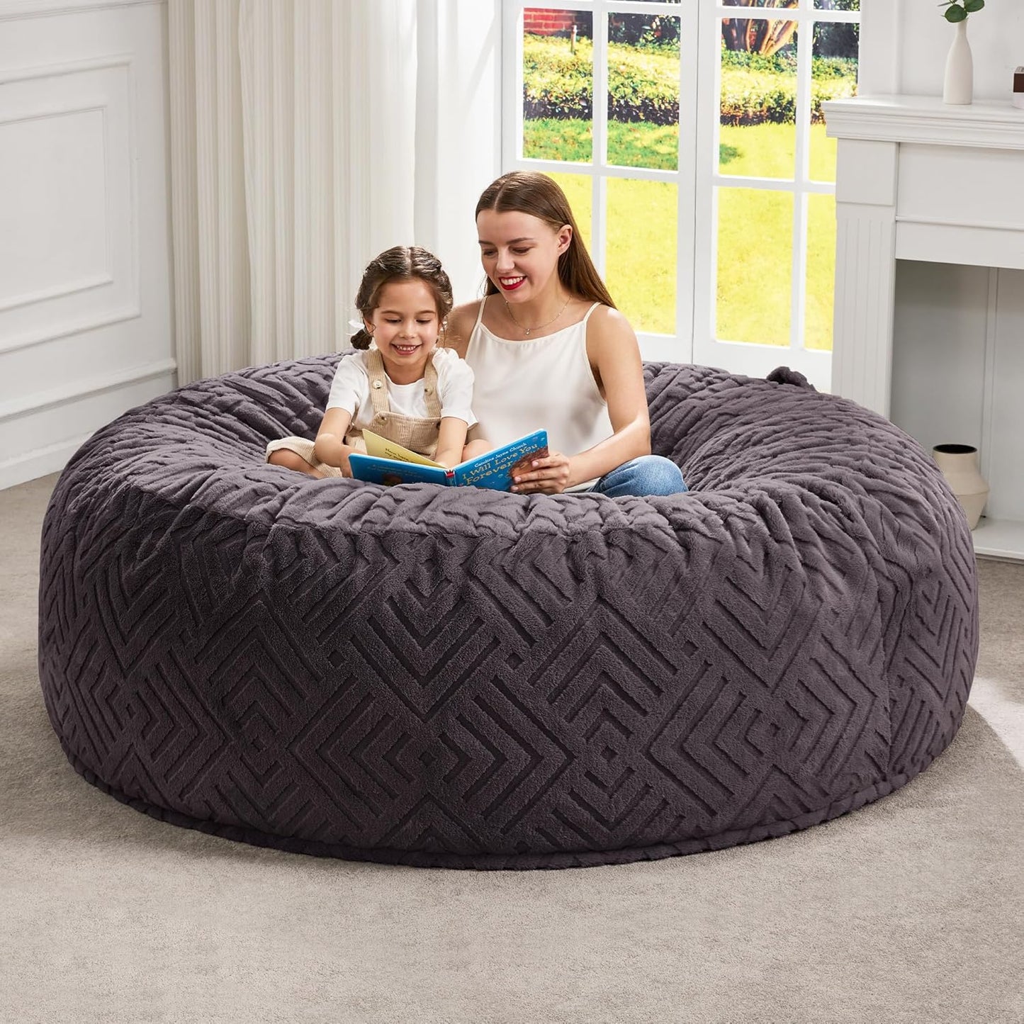 Hobestluk Bean Bag Chairs Adults Beanbag Chair with Filler Large Bean Bags with Fluffy Embossed Cover, Giant Bean Bag Chairs for Adults (Dark Grey, 6FT - 70" x 70" x 15")