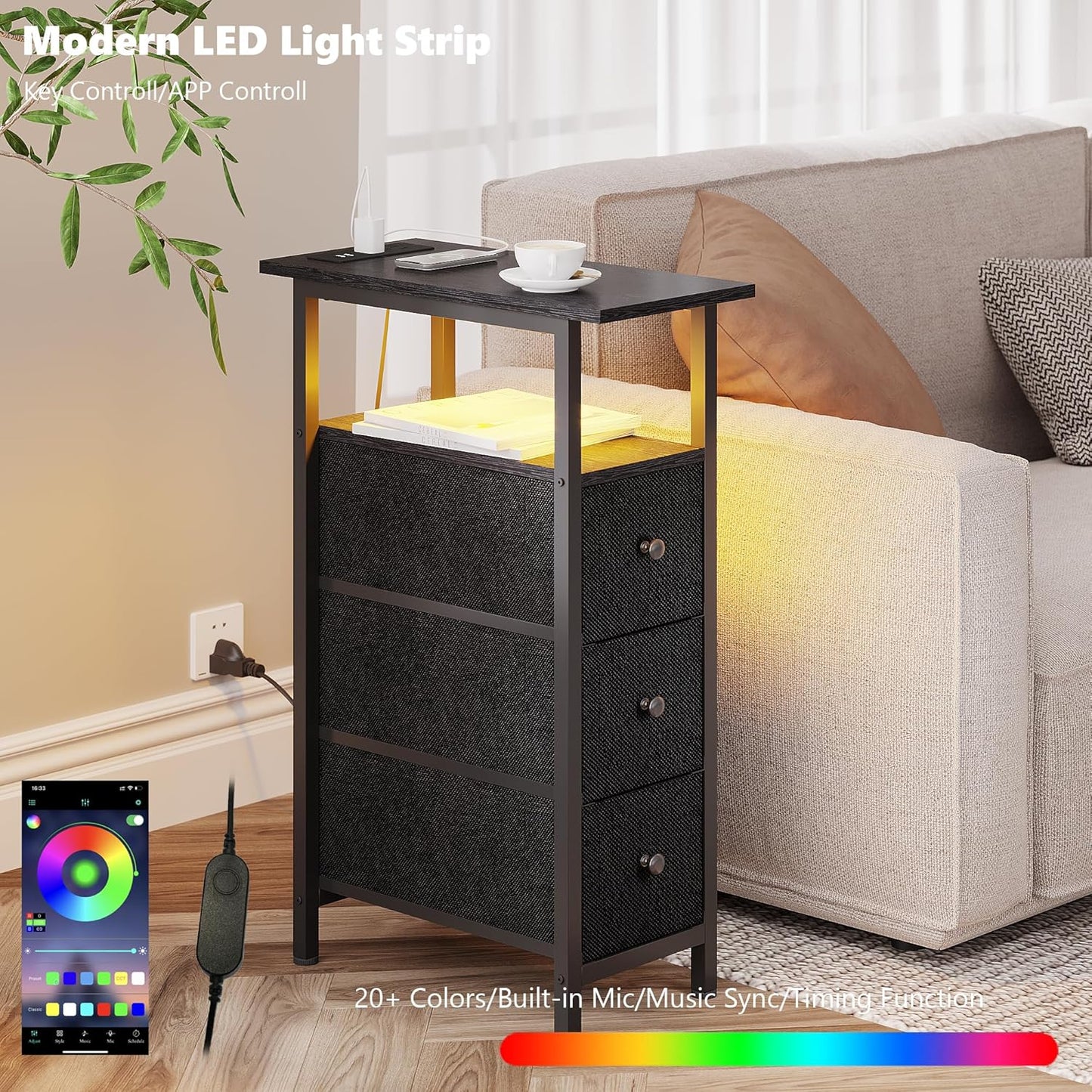 End Table with Charging Station, Narrow Side Table with 3 Fabric Drawers, Skinny Nightstand with LED Light, Slim Bedside Table for Bedroom, Living Room, Small Spaces, Black