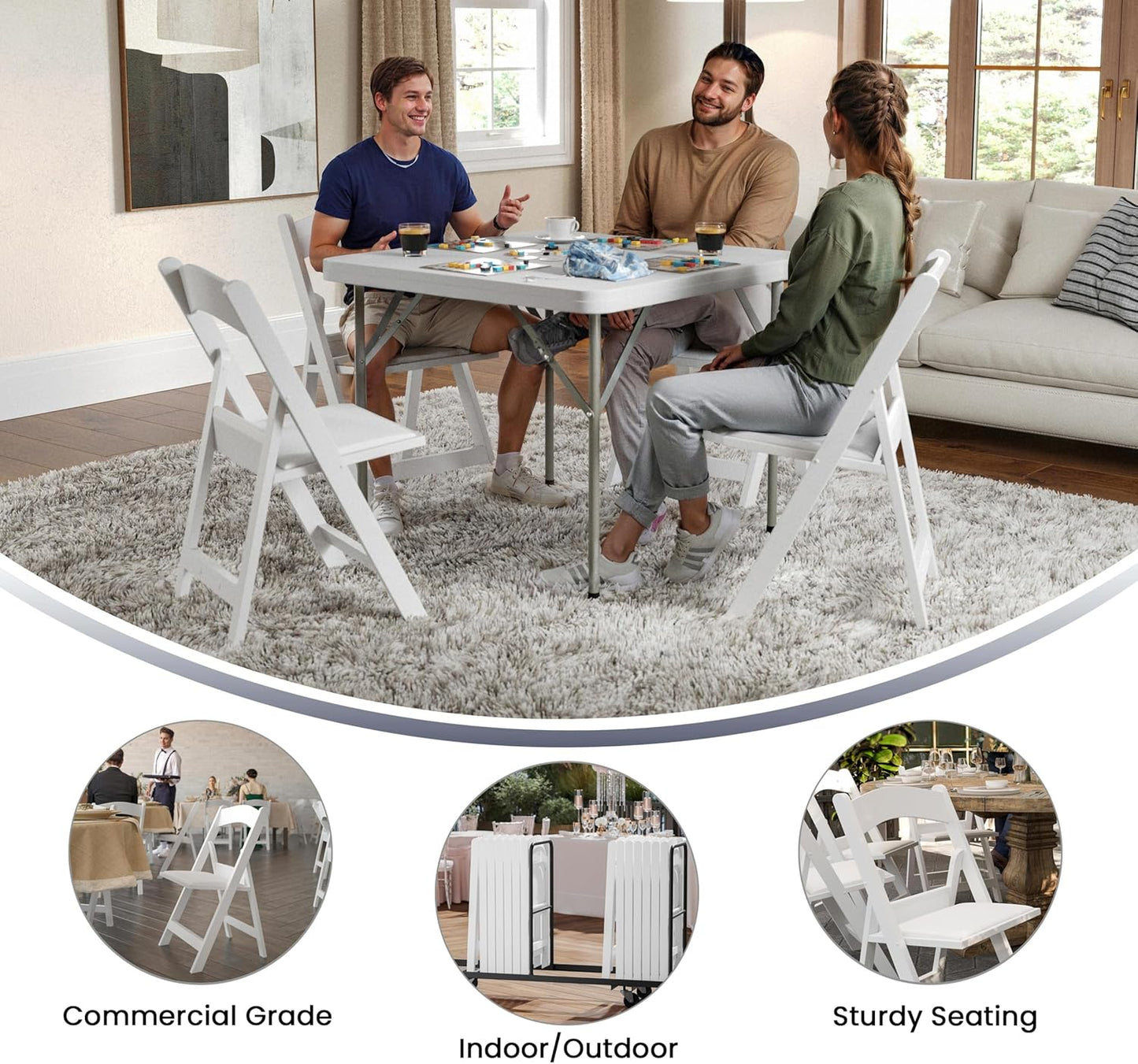 Flash Furniture Hercules Series Folding Chair - White Resin - Set of 4 800LB Weight Capacity Comfortable Event Chair - Light Weight Folding Chair