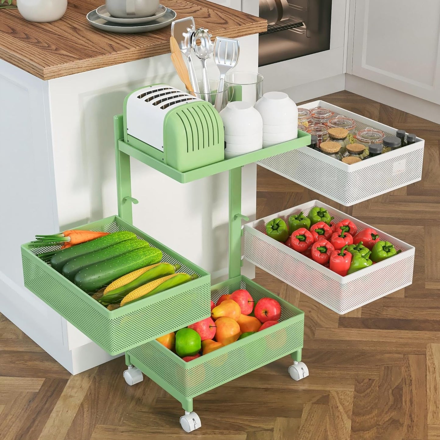 Fruit Basket for Kitchen No Assembly 4-Tier Rotating Storage Rack, Vegetable Storage Cart，Bathroom Shelf,Storage Drawer Cart,Kitchen Organizers and Storage Cart(Green White, 4 Tier-Square)