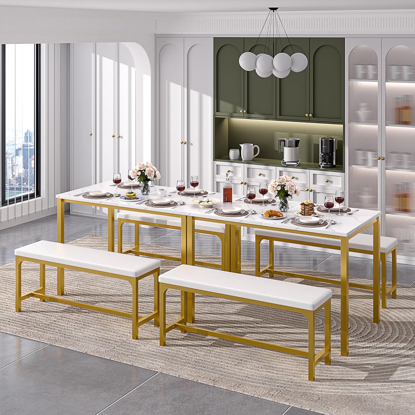 VECELO 3-Piece 63" Extendable Kitchen Table with Benches/Chairs, Modern Breakfast Dinette/Dining Room Set for 4/6/2, Small Space Saving Design, Easy Assembly