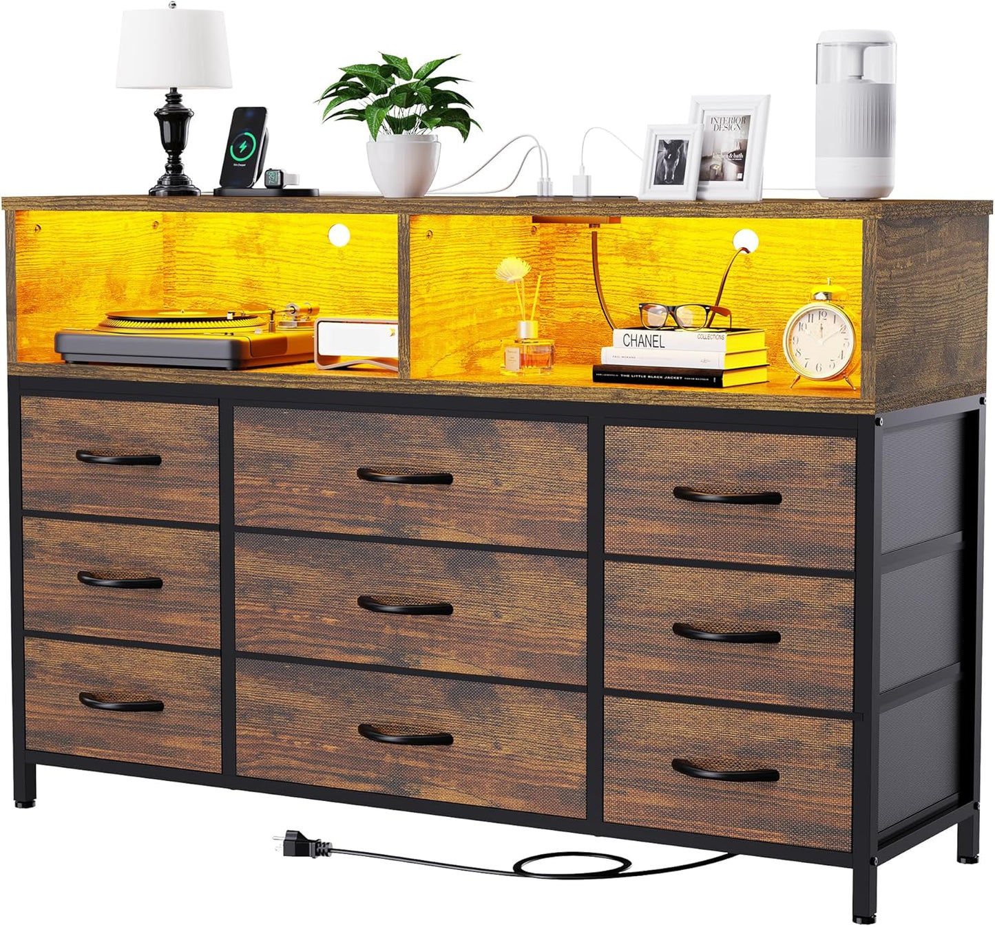 Dresser for Bedroom, 9 Drawers Led Dresser TV Stand with Power Outlets and LED Lights, Long Fabric Dressers Wide Chest of Drawers with Large Organizer for Living Room, Entryway, Hallway