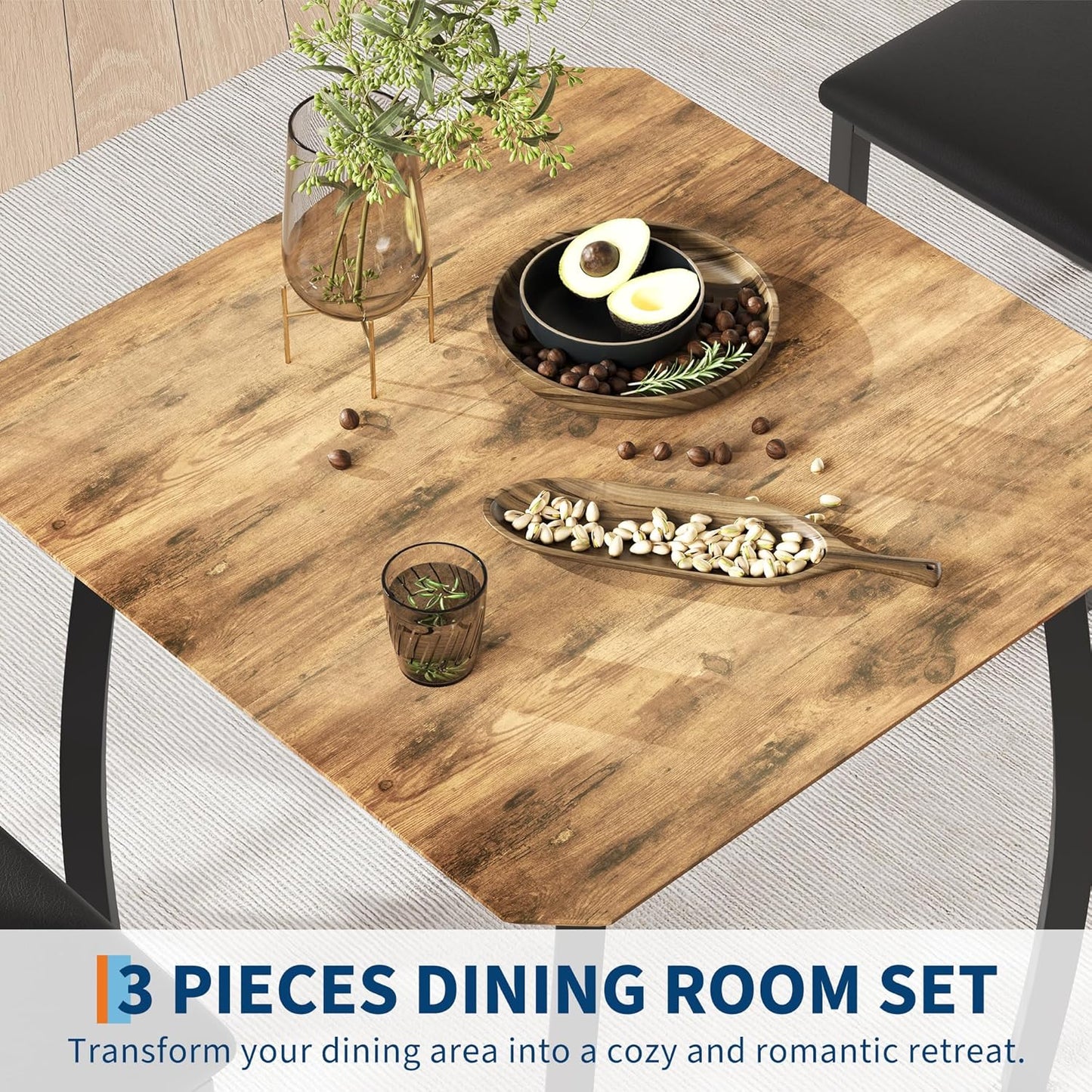 Small Dining Table Set for 2,3-Piece Kitchen Table Set with Thick Wood Grain Tabletop & 2 Upholstered Chairs & Metal Frame, Compact Table Set for Small Spaces, Kitchens & Dining Rooms (Brown)