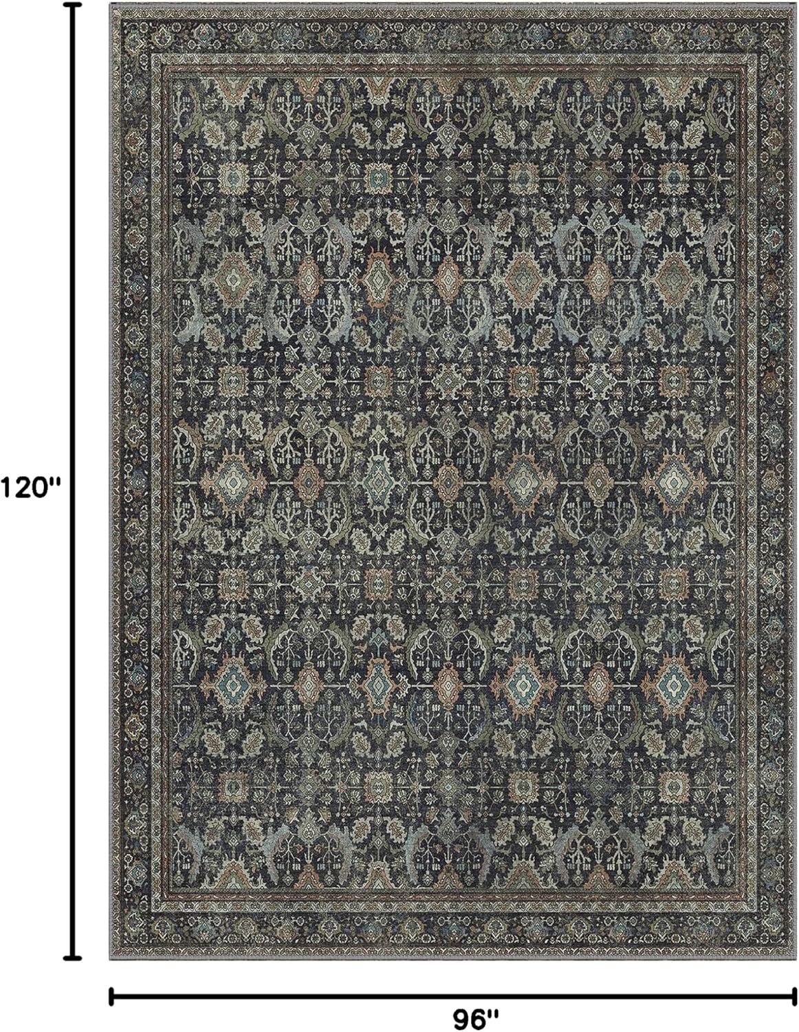 8X10 Area Rugs Machine Washable Rugs for Living Room, Vintage Boho Large Rugs for Bedroom Dining Room, Non Slip Indoor Soft Distressed Lightweight Thin Low Pile Carpet, Black