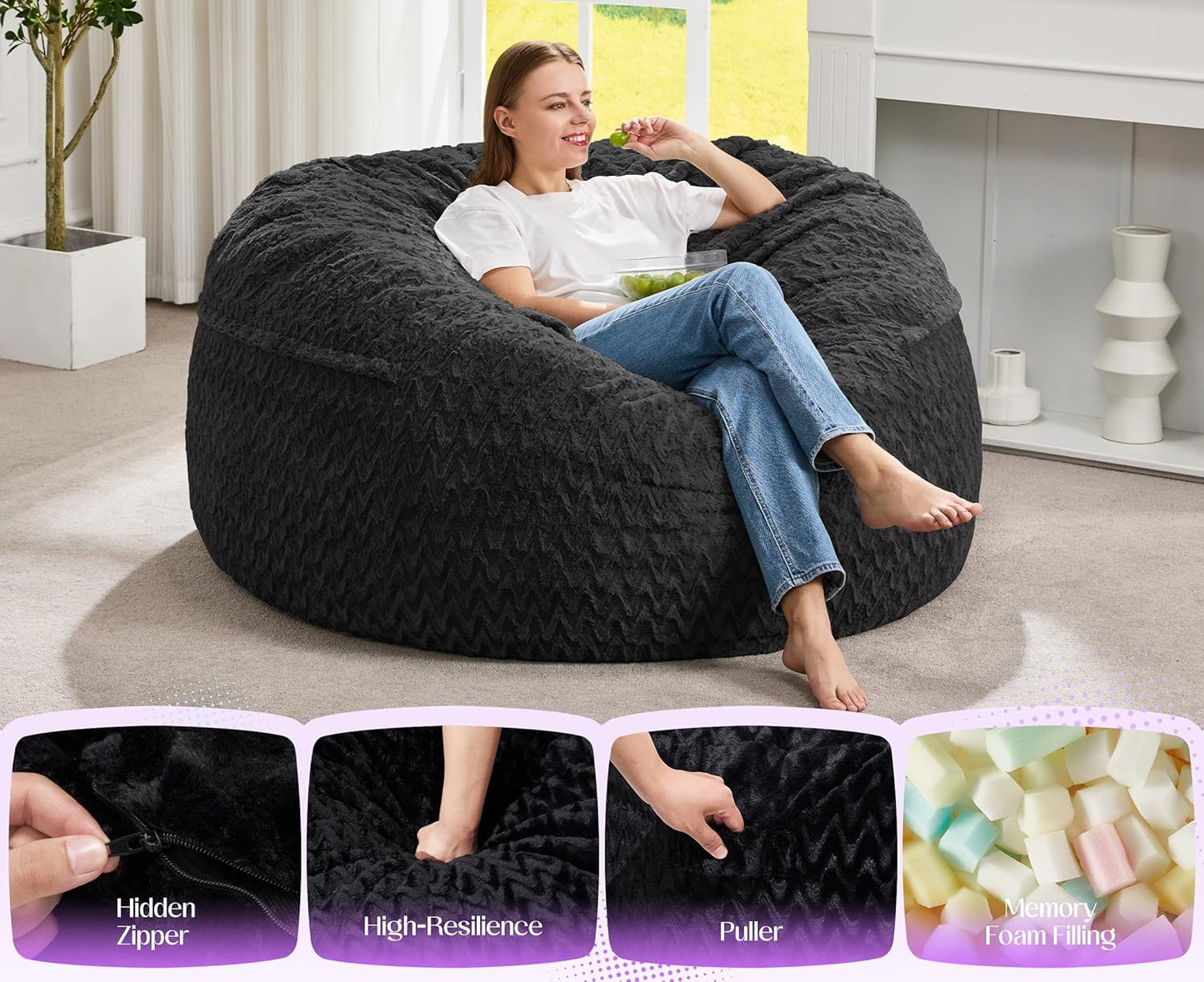 Hobestluk Bean Bag Chair Convertible Beanbag Chairs for Adults, 3 in 1 Bean Bags with Plush Chevron Cover, Adult Bean Bag Chair for Living Room, Bedroom (Black, Queen)