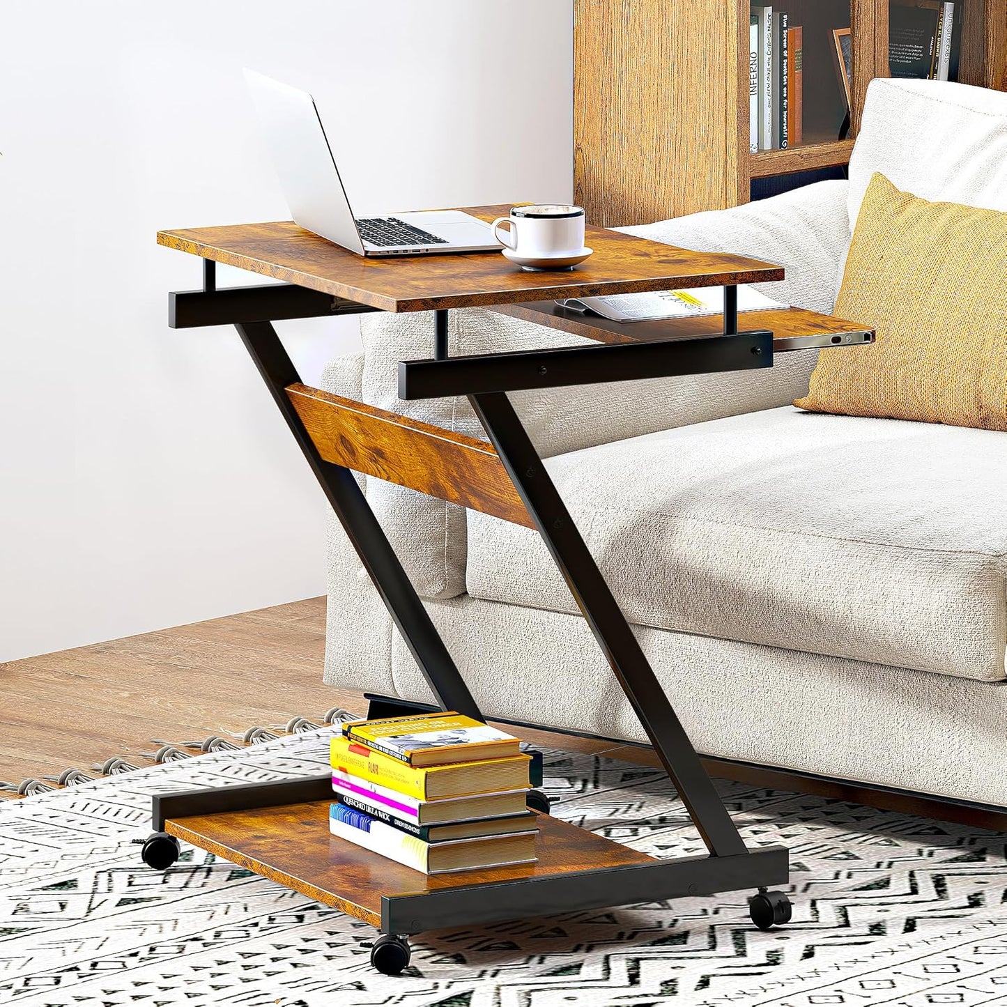 soges Small Rolling Computer Desk, Z Shape Laptop Desk Cart on Wheels, Mobile Computer Workstation for Home and Office with Keyboard Tray, Rustic Brown