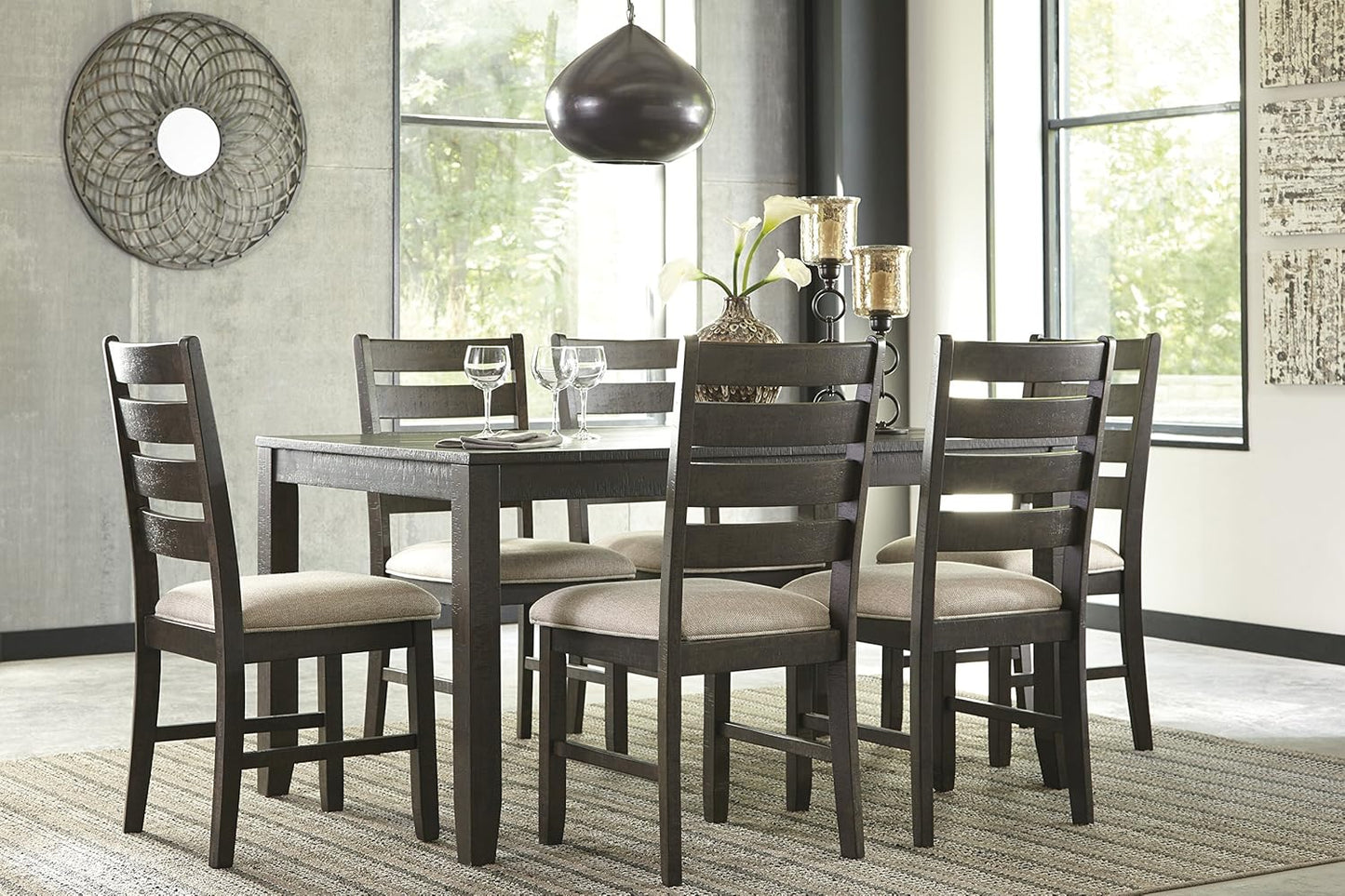 Signature Design by Ashley Rokane 20" Dining Room Table Set with 6 Upholstered Chairs, Brown