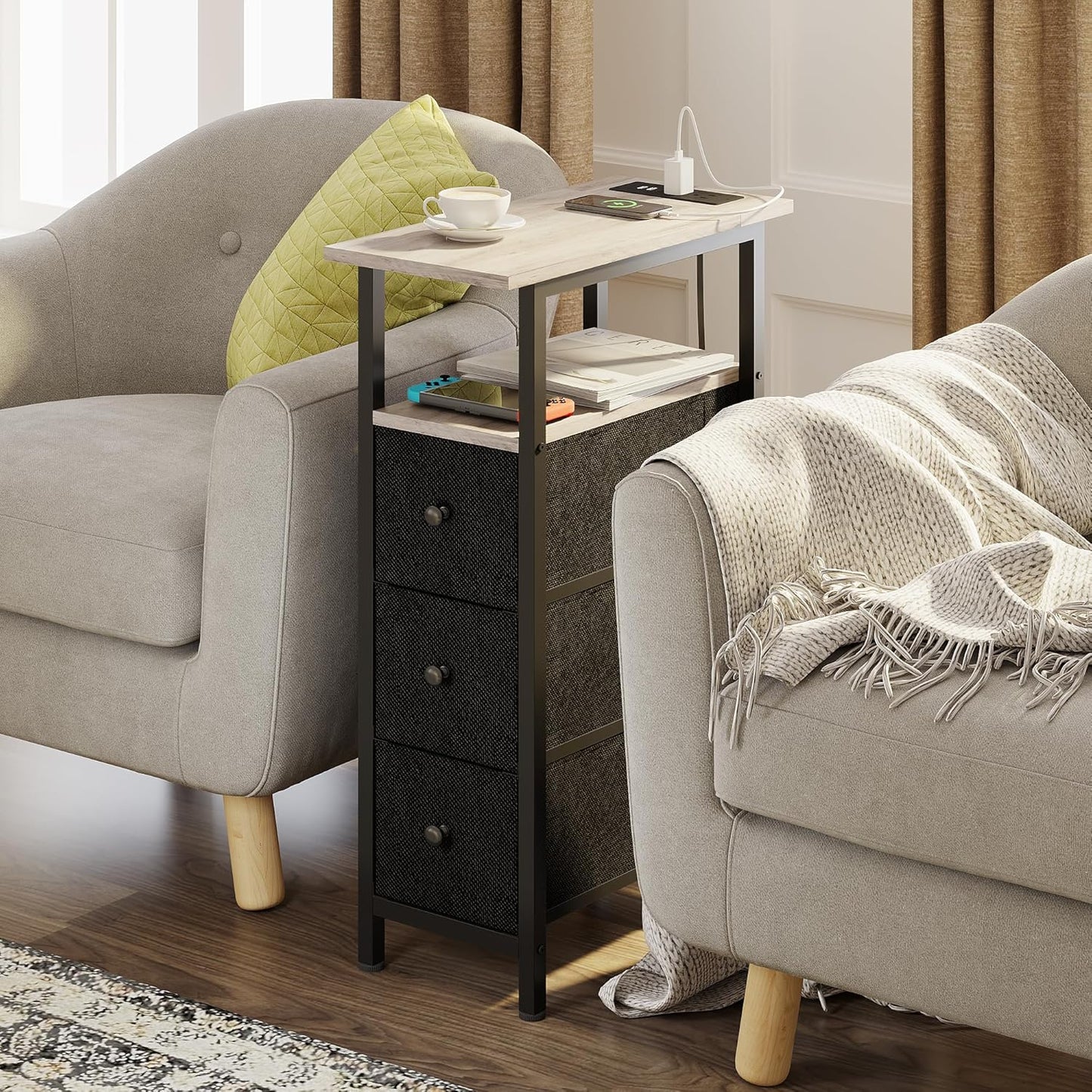 End Table with Charging Station, Narrow Side Table with 3 Fabric Drawers, Skinny Nightstand with LED Light, Slim Bedside Table for Bedroom, Living Room, Small Spaces, Greige and Black