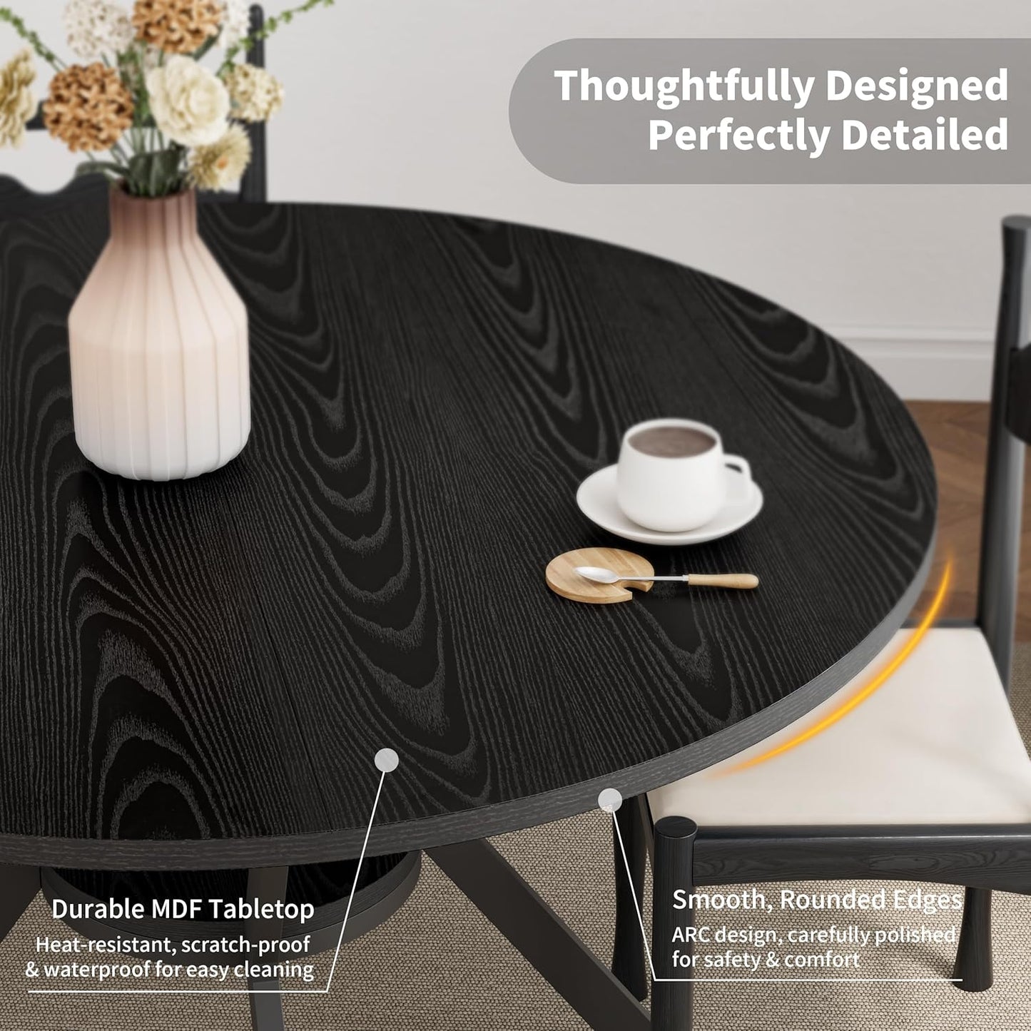 Black Dining Table for 4, 42 Inch Round Kitchen Table with Storage, Wooden Circle Dinner Table with Metal Legs, Rustic Mid Century Modern Dining Room Tables for Kitchen, Living Room, Dining Room