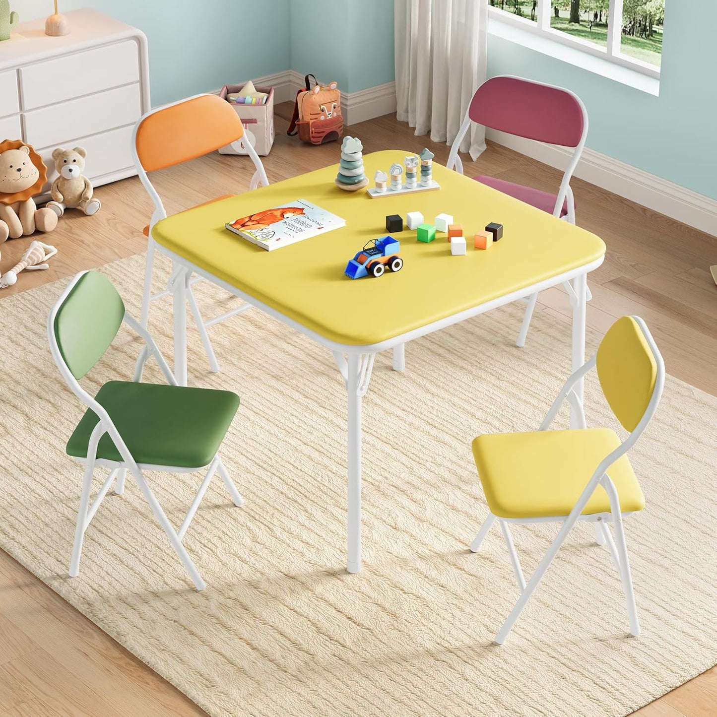 GarveeHome 5-Piece Kids Folding Table and Chairs Set, Toddlers Children's Activity Table and Chairs Set for Dining Room,Daycare,Classrooms
