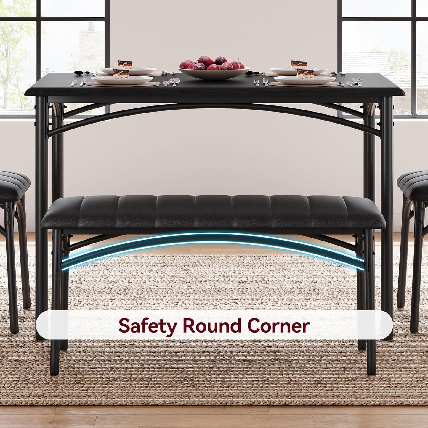 GarveeHome Dining Table Set for 4, Kitchen Table with Upholstered Chairs and Bench, Wood Rectangular Dining Table and Chairs Set for Small Space, Apartment, Dinner, Rustic Black